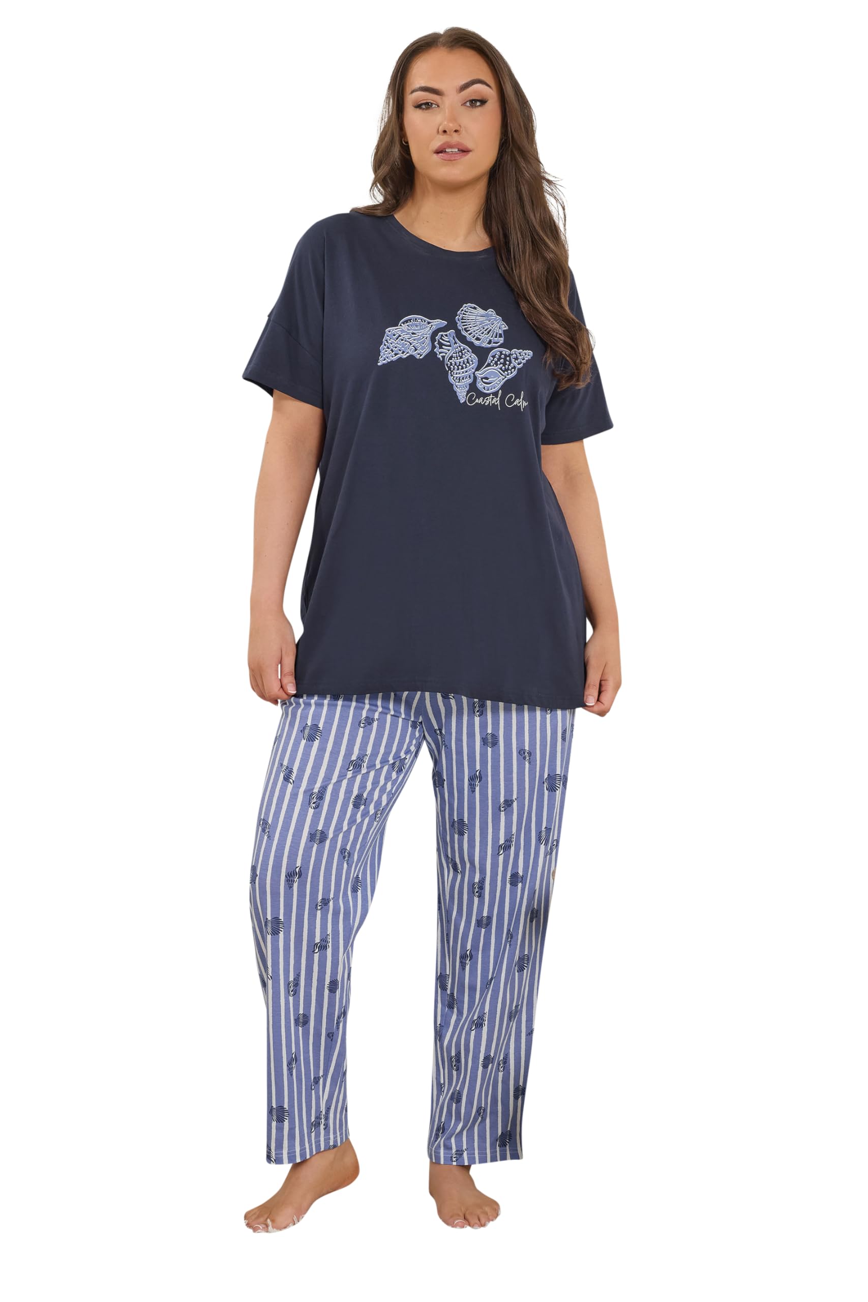 Yours Women's Dark Blue Shell Graphic Stripe Pyjama Set In | Size: 30-32