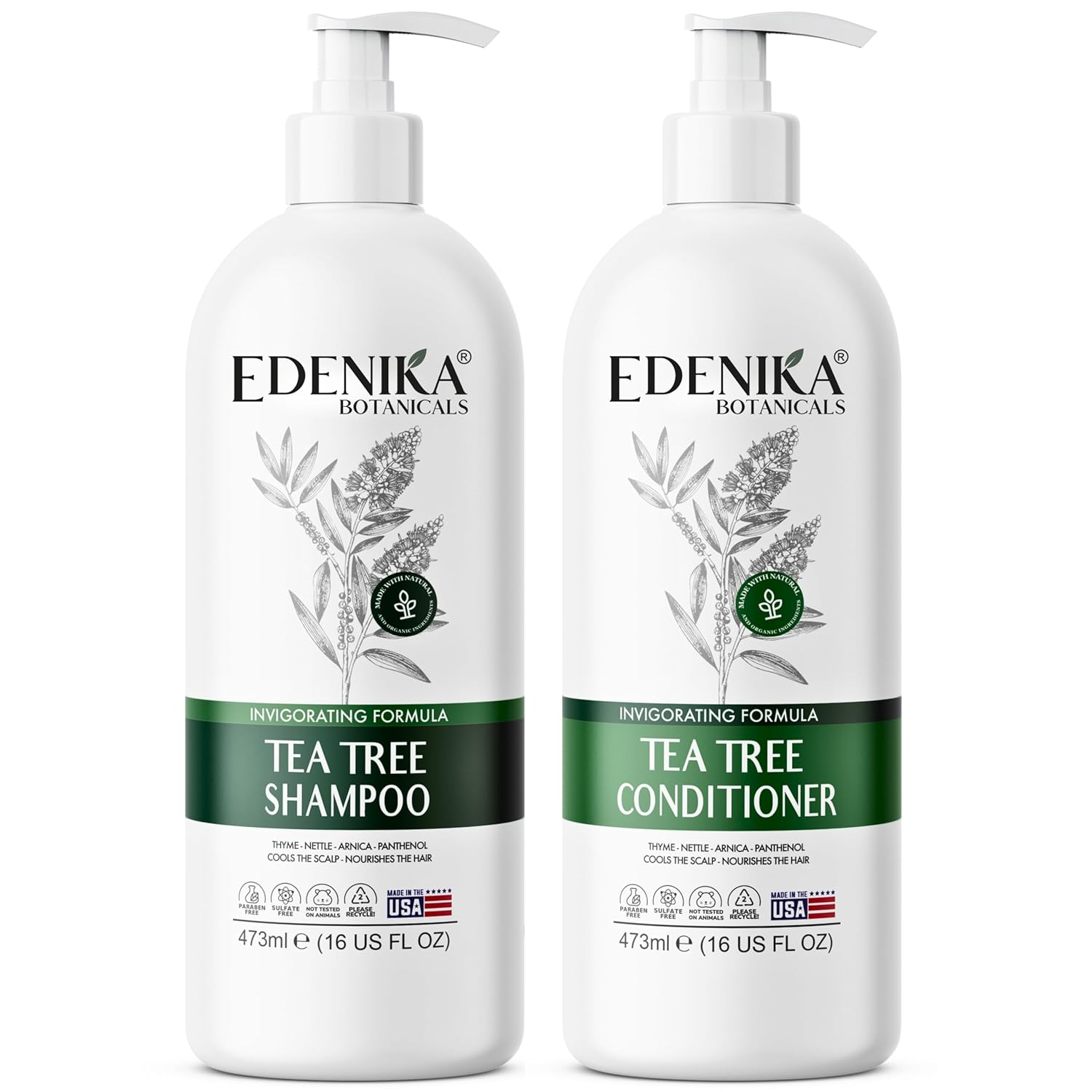 EDENIKA BOTANICALS Tea Tree Oil Shampoo and Conditioner Set, Deep Cleansing for Buildup & Oily Scalp, Soothes Itchy Scalp & Refreshes Hair, Sulfate Free, Women & Men, 16 fl oz Each