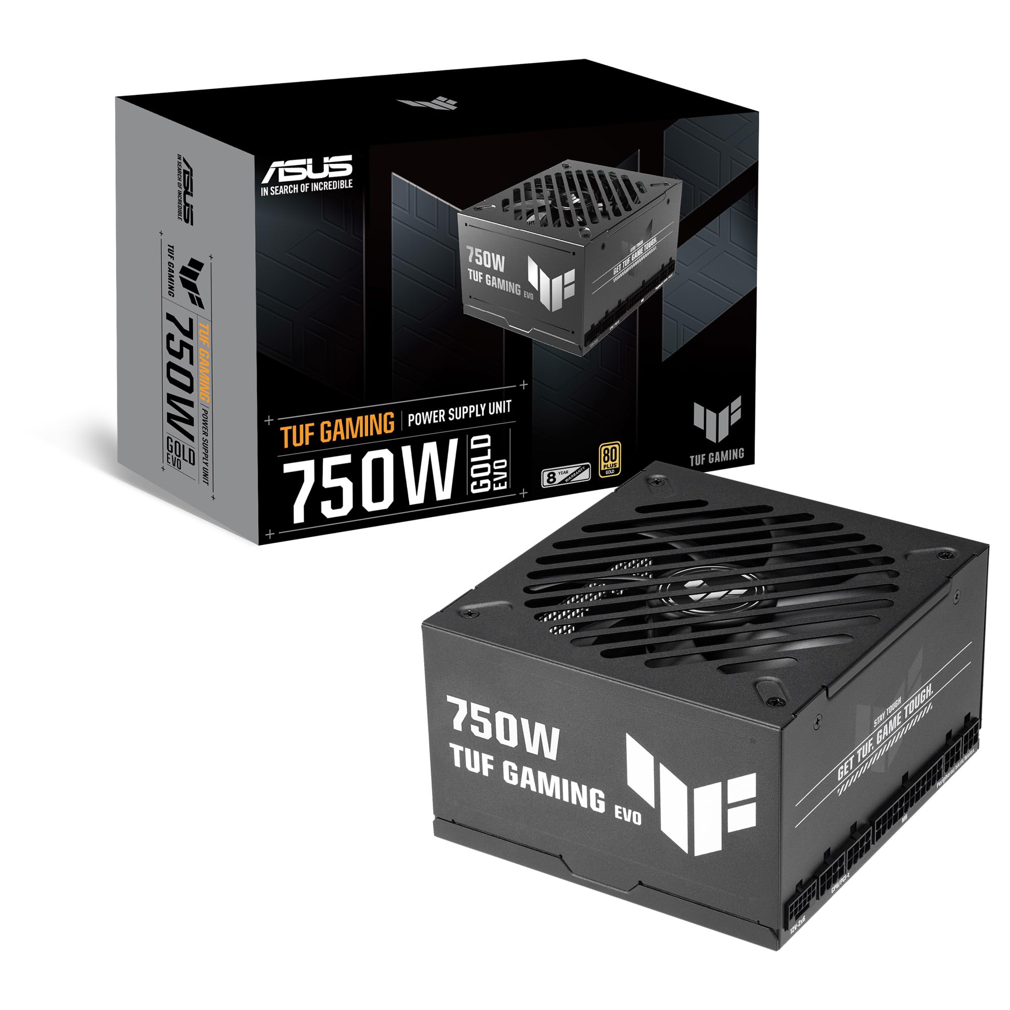ASUS TUF Gaming 750W Gold EVO - Fuente de alimentación Modular (certificación 80 Plus y Cybenetics Gold, ATX 3.1, PCIe 5.1, Cable 12V-2x6, 8 años de Cobertura, componentes de Grado Militar)