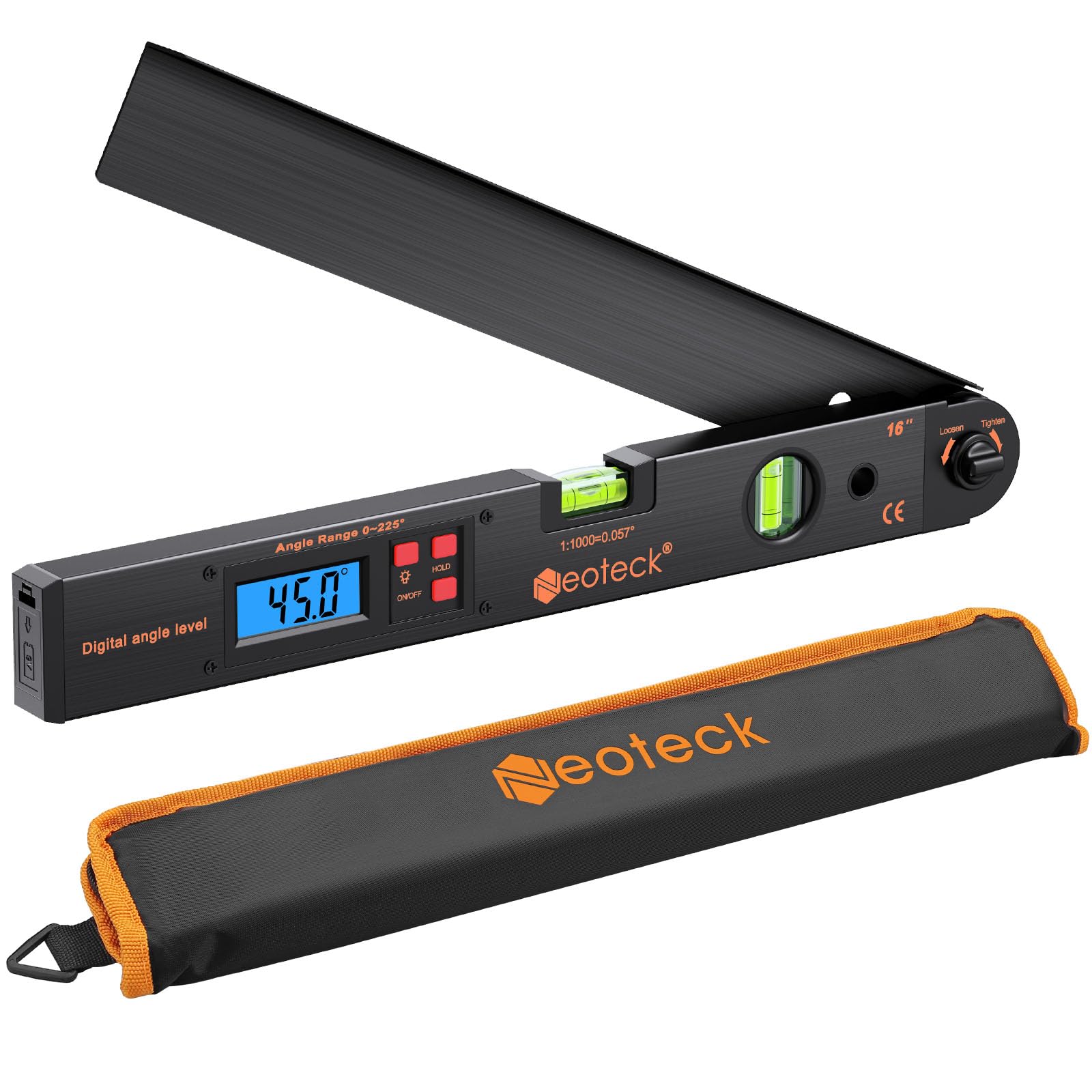 Neoteck 400mm/0~225°Rapporteur d’Angle Numérique – Règle Angle avec Niveau Bulle, Écran LCD Rétroéclairé, Fonction HOLD, Étui et Pile – Outil de Mesure Précis pour Menuiserie, Toiture, Chantier-Noir