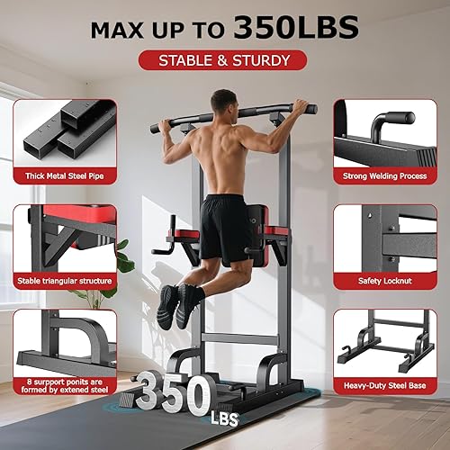 Miniatura 6 de Pooboo Power Tower Dip Station Pull Up Bar for Fitness Home Gym Workout,450 Pounds Multi-Function Adjustable Height Fitness Strength Training