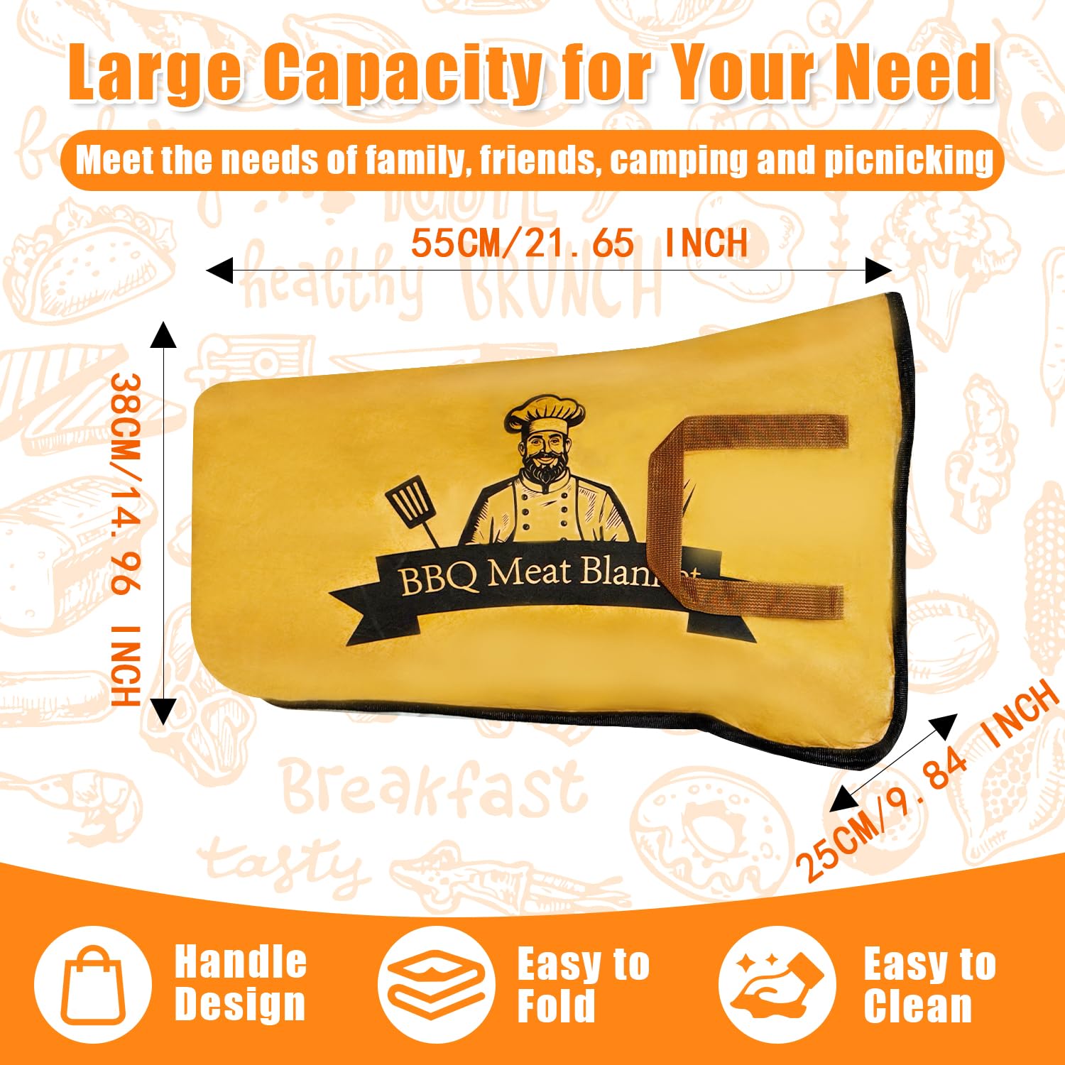 21 inch BBQ Blanket for Resting Meat, Keep Brisket/Beef/Pork Warm Tender Juicy, Reusuable Large Capacity Zipper Foldable Washable, Hot Meal Carrier Bag for BBQ Parties Campings Beach Potlucks Outdoor