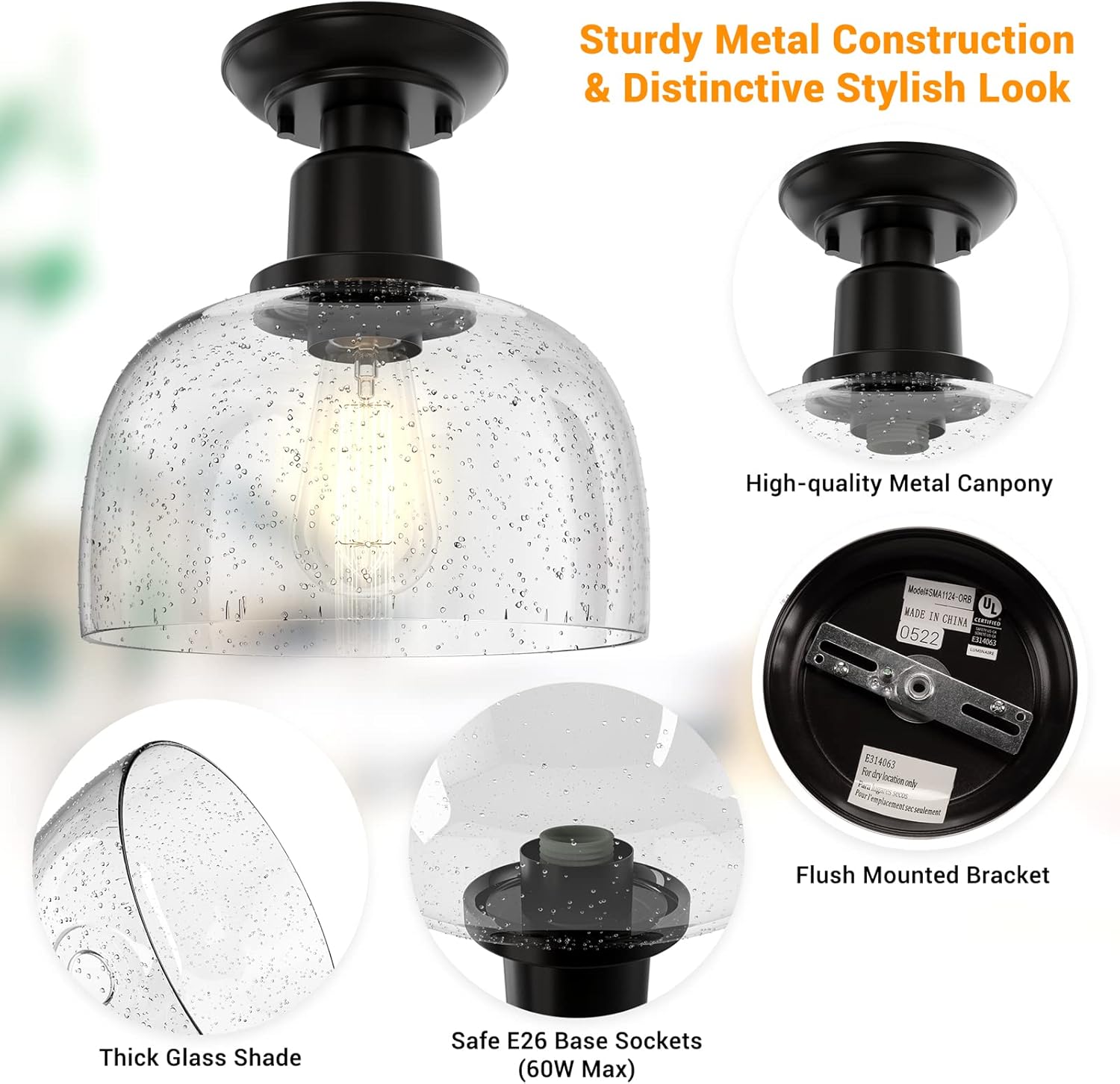 EAPUDUN Semi Flush Mount Ceiling Light, Modern Light Fixture with Seeded Bubble Glass Shade, Oil Rubbed Bronze Finish for Hallway Corridor Kitchen Bathroom Bedroom Passway, FMA1123-ORB