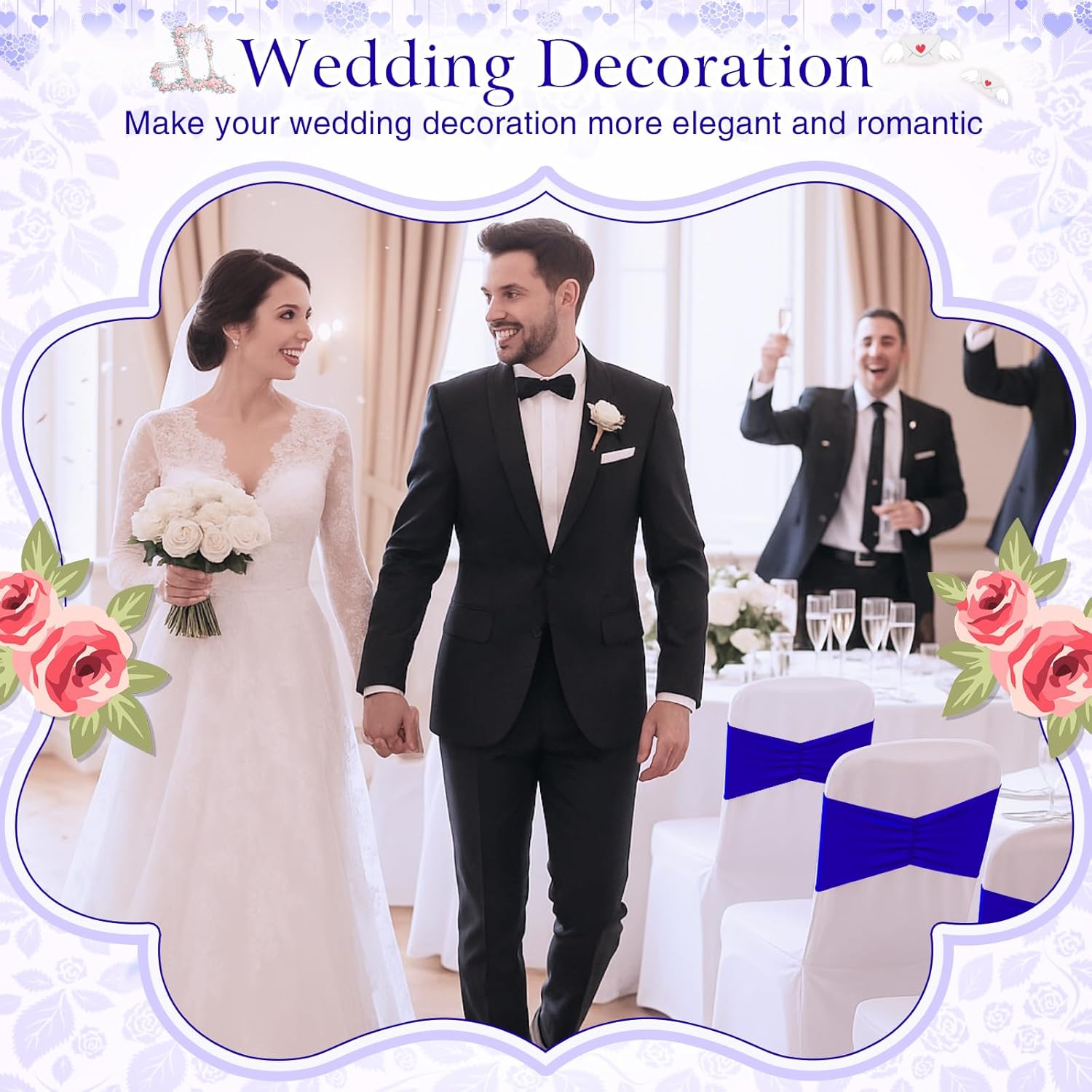 Moukeren 24 Pcs Folding Chair Cover Set with 12 White Spandex Stretch Slipcovers 12 Bows Chair Sashes Washable Chairs Protectors for Wedding Party Banquet Anniversary Events Dining Decor(Royal Blue)