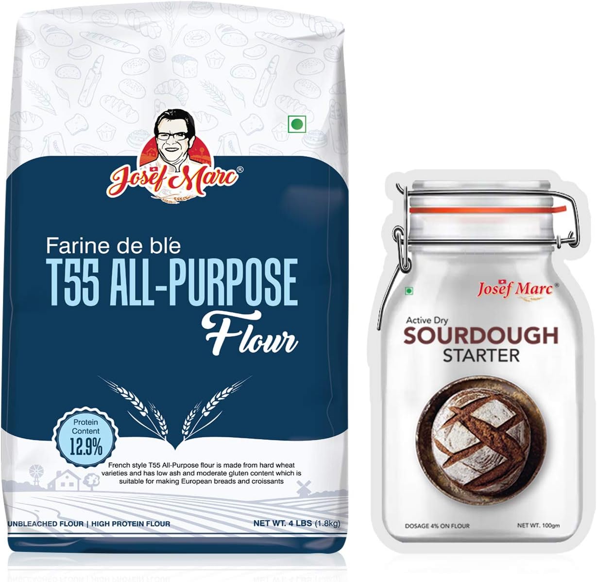 JOSEF MARC T55 All Purpose Flour, 4 LBS with Premium Active Dry Sourdough Starter 100g