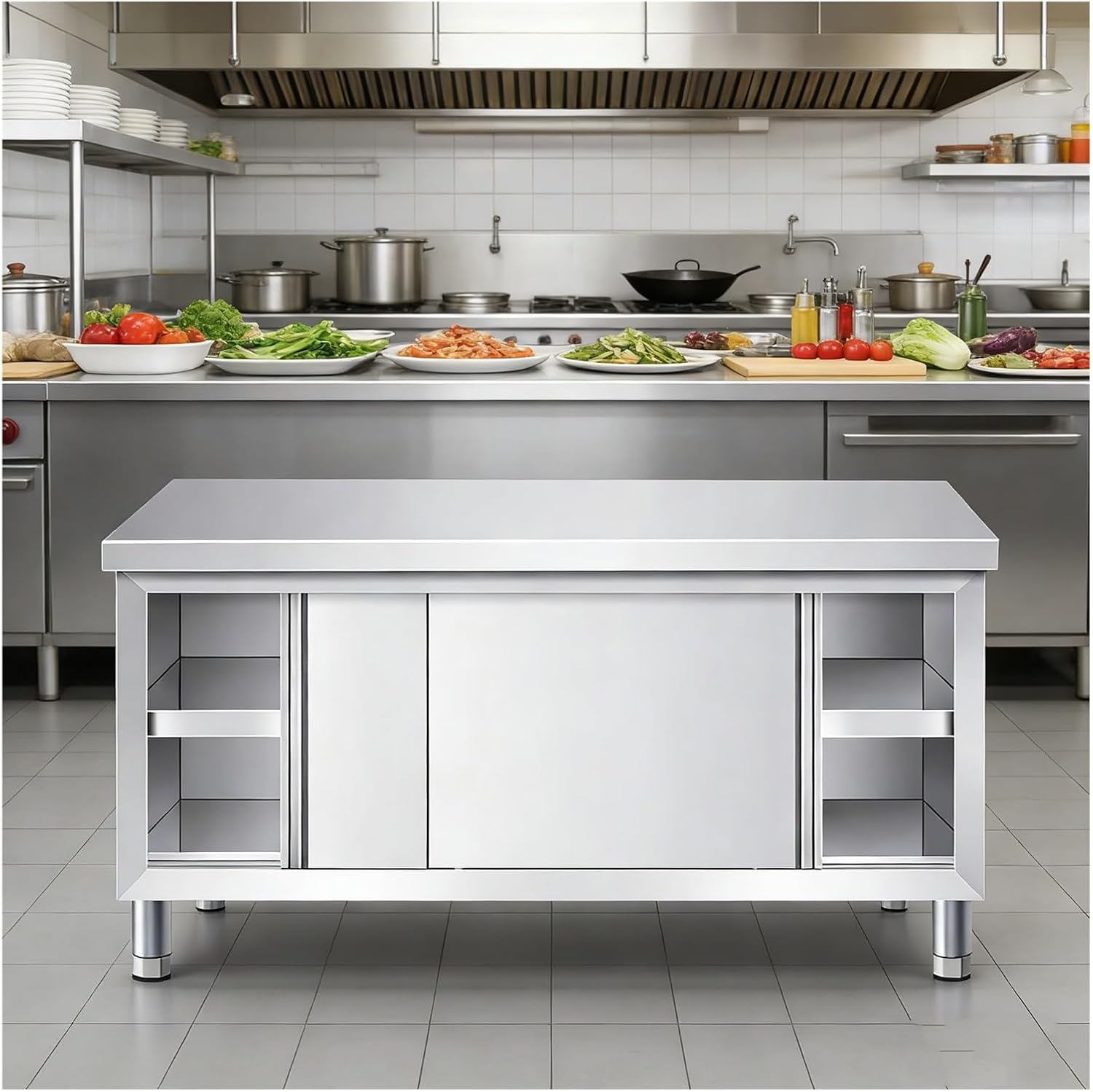 Stainless Steel Work Table with Sliding Doors Kitchen Preparation Workbench with Cupboards Dual-Track Design Suitable for Dining Rooms Outdoor use and Garages Adjustable Feet