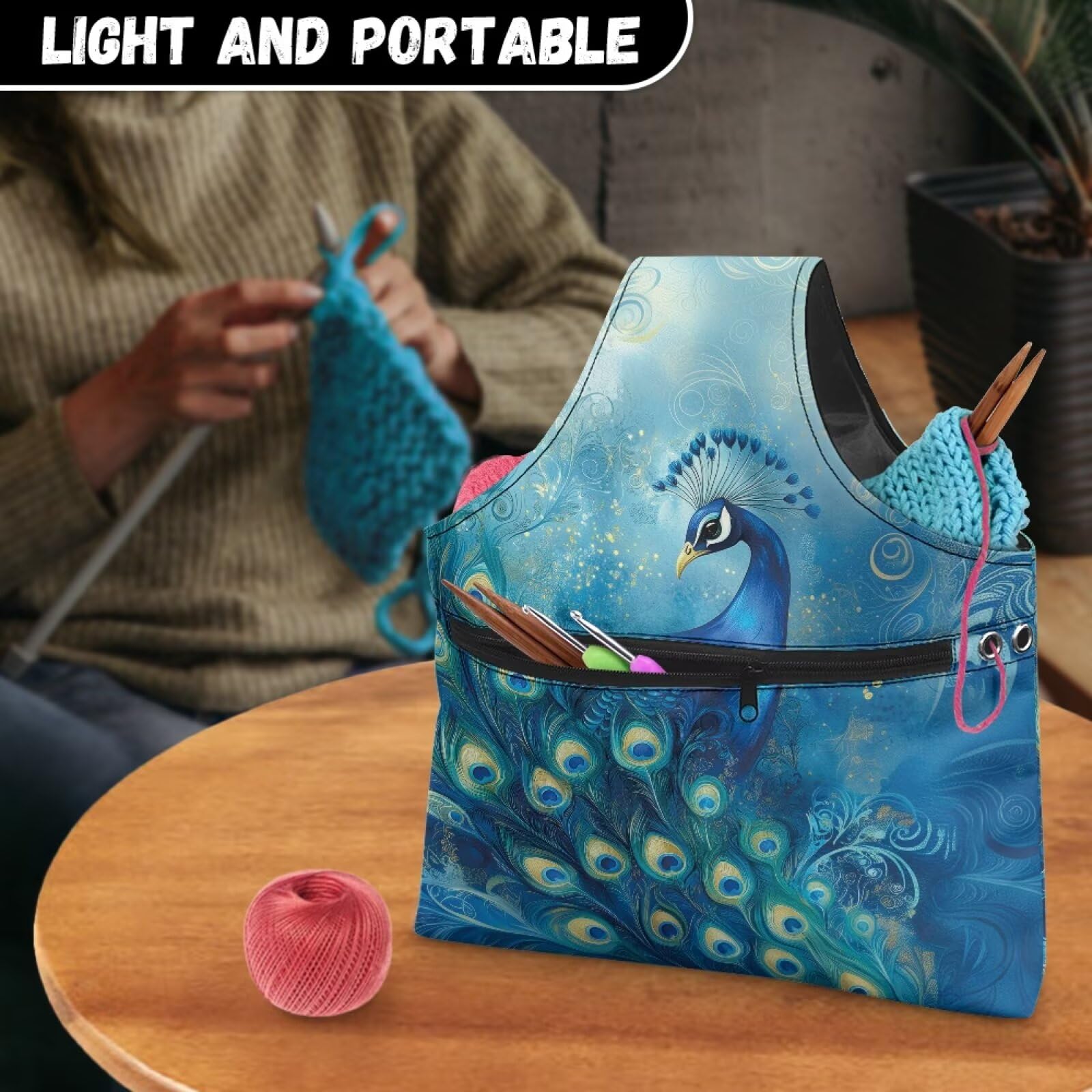 ASQVTIFE Beautiful Peacock Yarn Bags for Crocheting Animal Knitting Hook Storage for Travel Crochet Accessories Stylish Large Crochet Bags for Crocheting Project with Front Zipper Pocket - Image 3