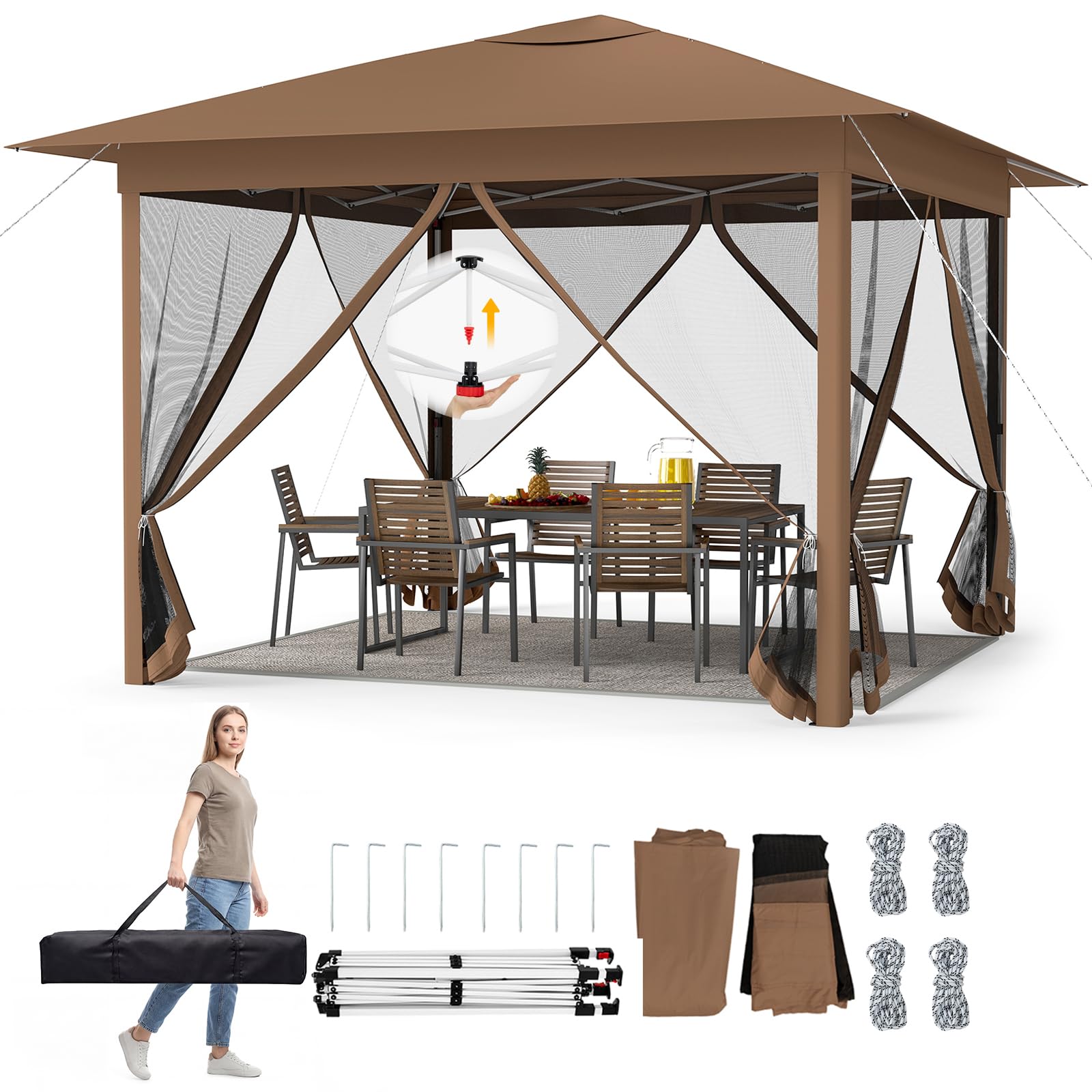 RELAX4LIFE Tonnelle Pliante 3x3 avec Moustiquaires, Tonnelle de Jardin Exterieur Pop-up Facile à Monter, Protection Solaire, Cadre Métallique, Sac de Transport, Pavillon de Jardin pour Terrasse