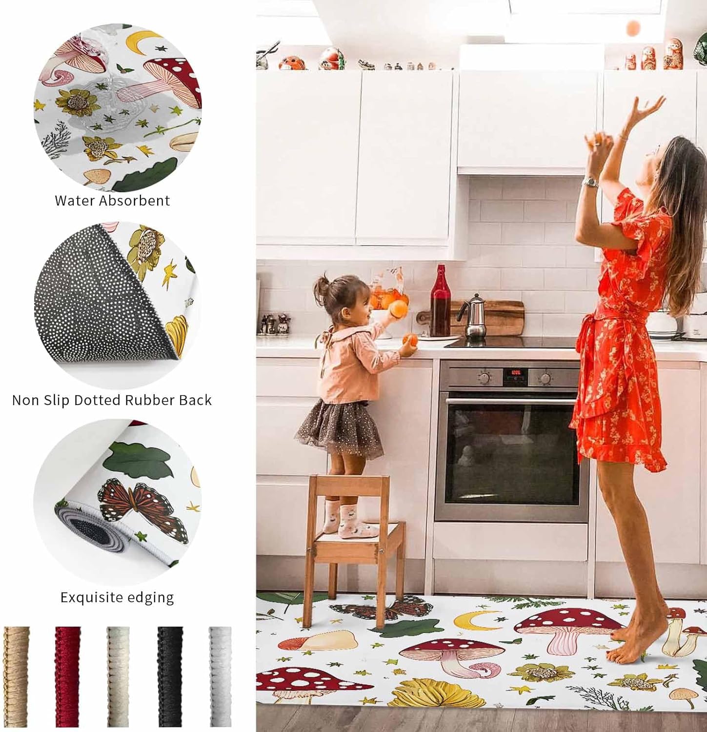 2 Pieces Kitchen Rugs and Mats,Red Mushroom Colorful Butterfly Leaf Area Runner Rug Set Non Slip Floor Doormat Washable Carpet Standing Mat for Kitchen Sink Indoor Corridor,Watercolor Botanical