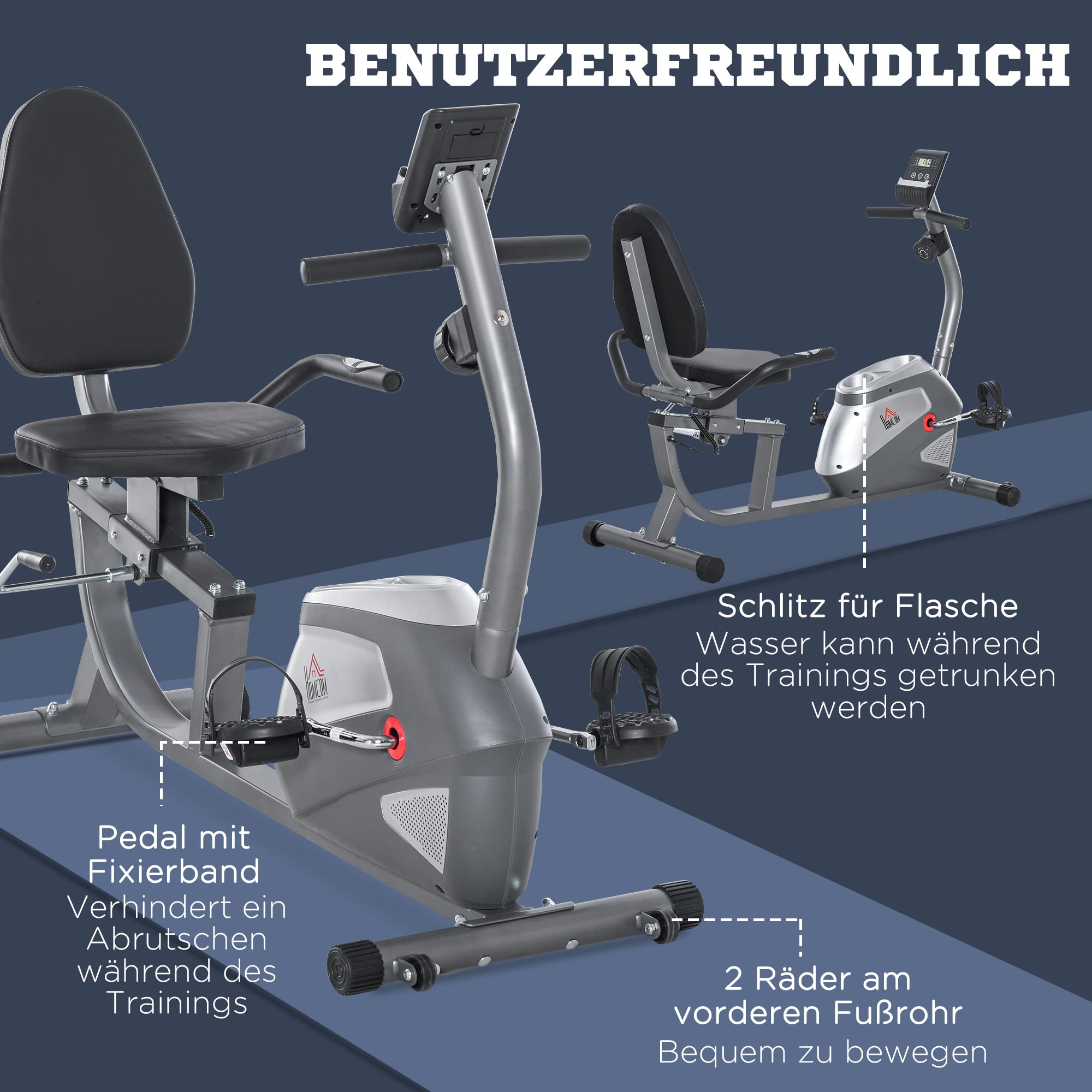 HOMCOM rower treningowy trenażer rowerowy koło zamachowe z 8-stopniową regulacją oporu magnetycznego regulowana długość opór magnetyczny koła metal ABS kolor szary + srebrny 136 x 62,5 x 38 cm