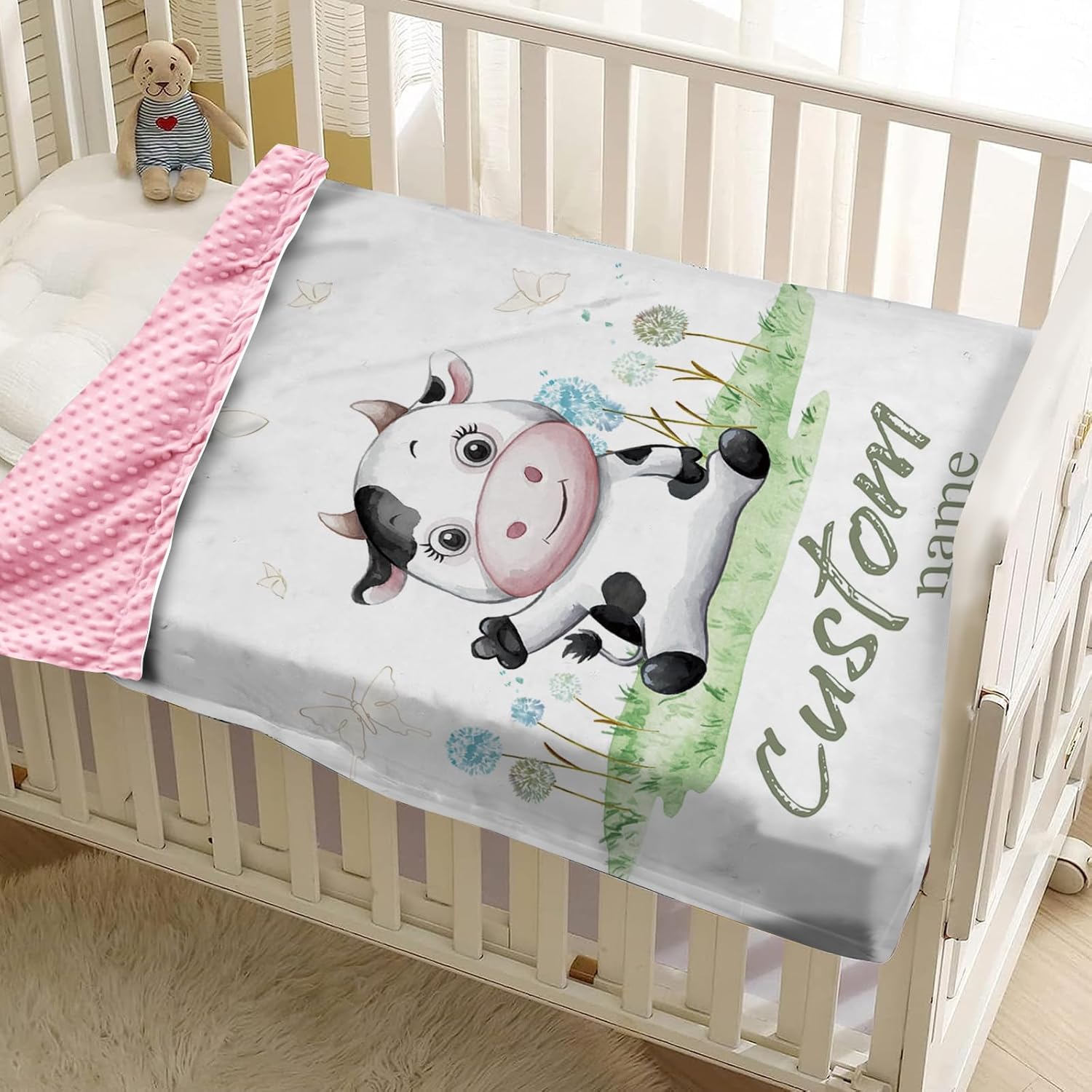 Personalized Baby Blanket for Boys, Custom Name Baby Blanket with Cars, Soft Flannel with Double Layer Dotted Backing, Receiving Swaddle Blanket for Infants and Toddlers, Cow Design