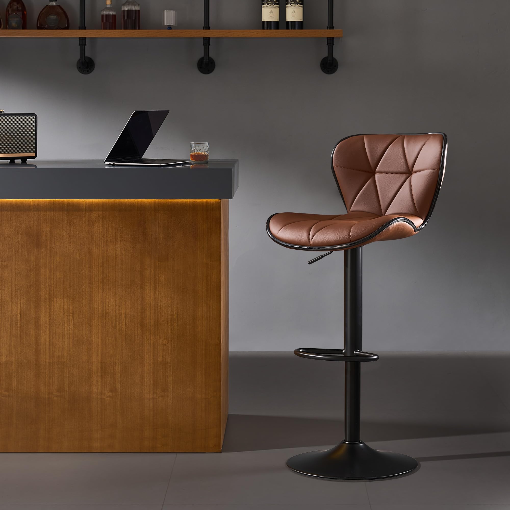 Nestvatto Bar Stools Set of 1, Modern Swivel Counter Height Bar Stools, Adjustable Leather Bar Chairs with Backrest, Upholstered Armless Bar Height Stools, Island Chairs for Kitchen Counter, Brown