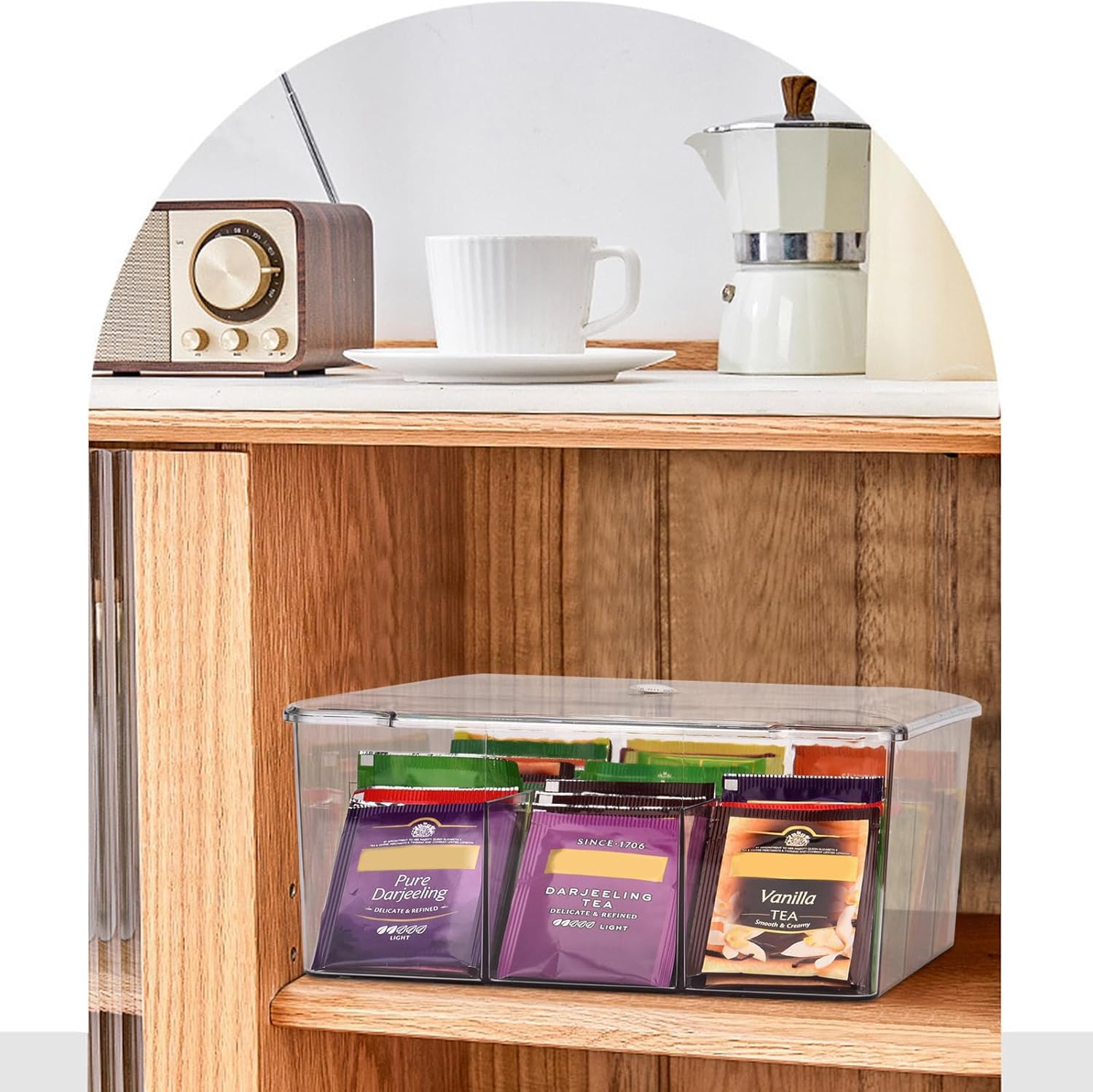 Organizador Transparente para Bolsas de Té con 9 Compartimentos - Caja de Plástico para Té, Azúcar, Cápsulas de Café u Otras Piezas Pequeñas