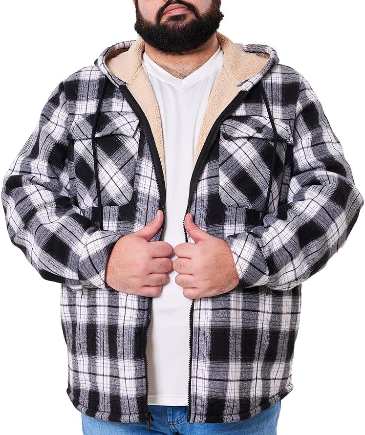 Big and Tall Flannel Jacket for Men Plaid Fleece Hoodie Zip Up Sherpa Lined Winter Coat, 2XL-8XL Plus Size