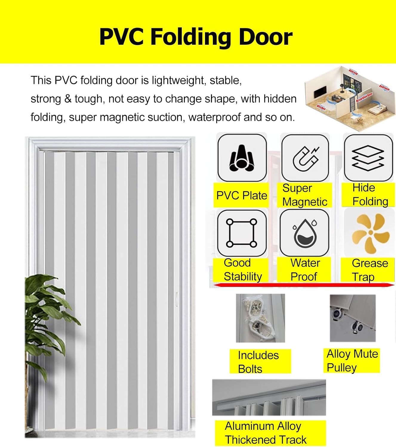 Custom Accordion Sliding Door, Aluminum Frame Room Divider for Bedroom, Bathroom, Office & Kitchen - Waterproof & Heat Insulation (24x80in/61x203.2cm)