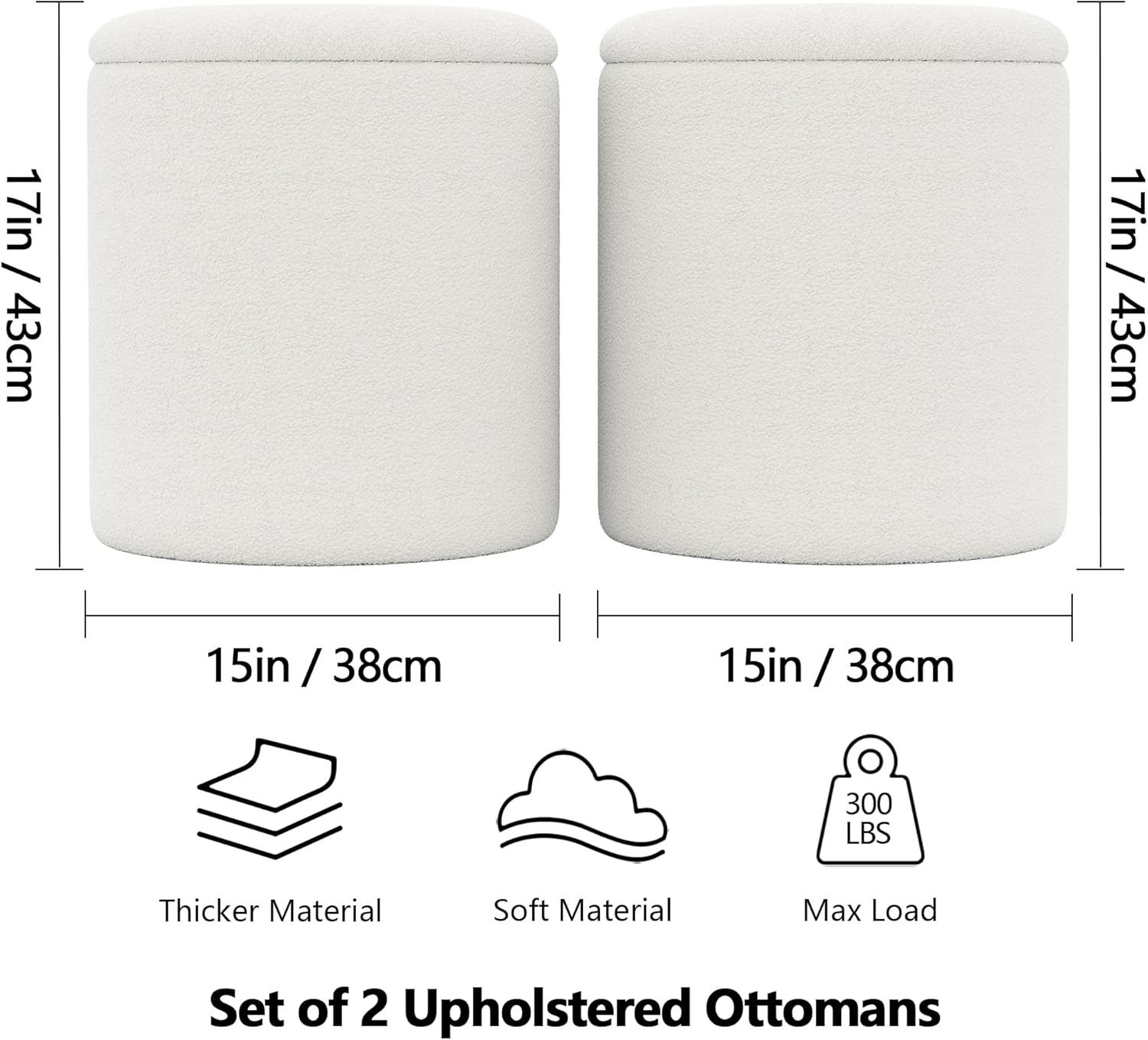 Ottoman Poufs with Storage, Set of 2 Soft Upholstered Vanity Stool,Multifunctional Ottomans Coffee Table Padded Seat Foot Rest for Living（White, Pack of 2）