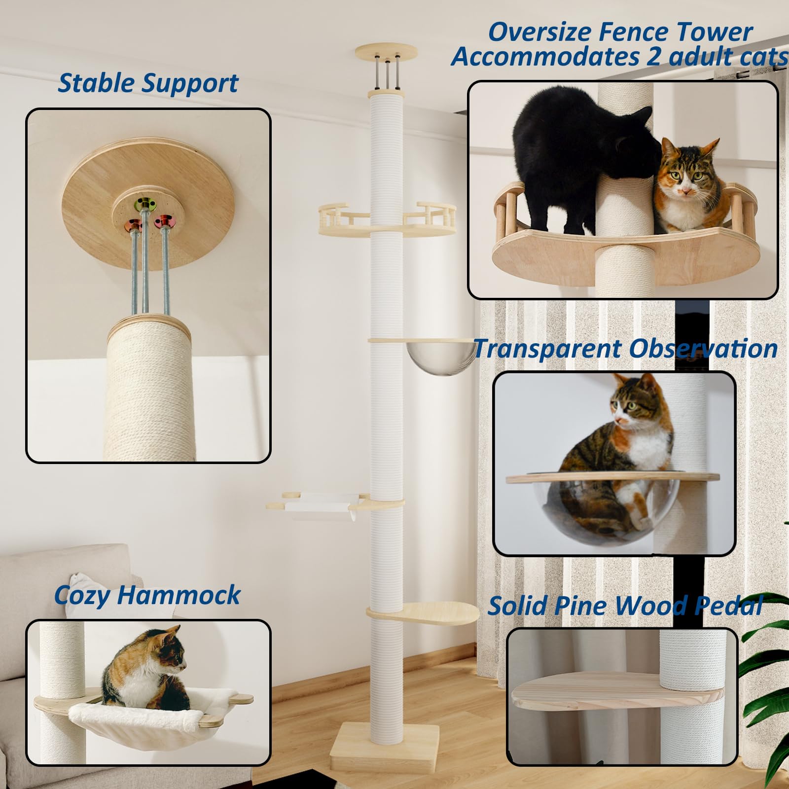 Floor To Ceiling Scratch Poles Scratch Post Cat Tree 5-Tier Floor