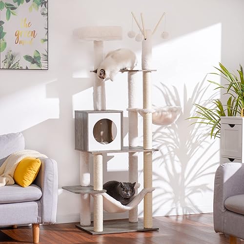 Miniatura 2 de Hey-brother Árbol de madera para gatos, muebles para gatos de 66.1 pulgadas con postes rascadores, torre moderna para gatos con hamacas, juguetes,
