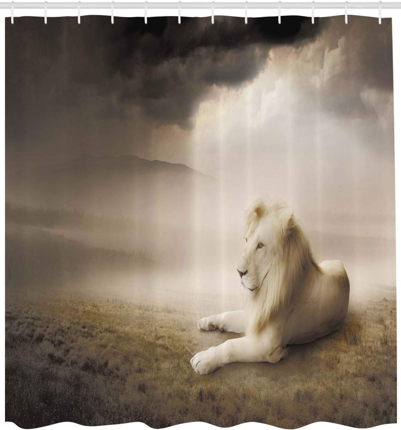 Ambesonne Savannah Shower Curtain, White Lion at Sunset Dramatic Sky Foggy Clouds Desert Sunlights Wilderness, Cloth Fabric Bathroom Decor Set with Hooks, 69" W x 84" L, Dimgray Beige
