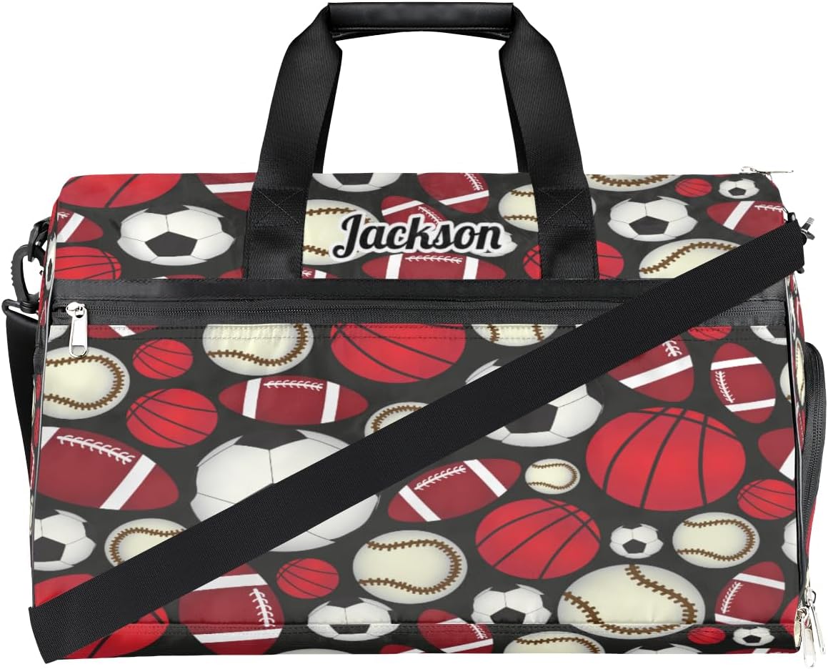 Personalized Gym Bag for Boys Men, Personalized Custom Sports Duffle Bag with Shoes Compartment, Customized Dance Bag Weekender Overnight Bag Travel Duffel Bag, Various Sports Balls Baseball Football