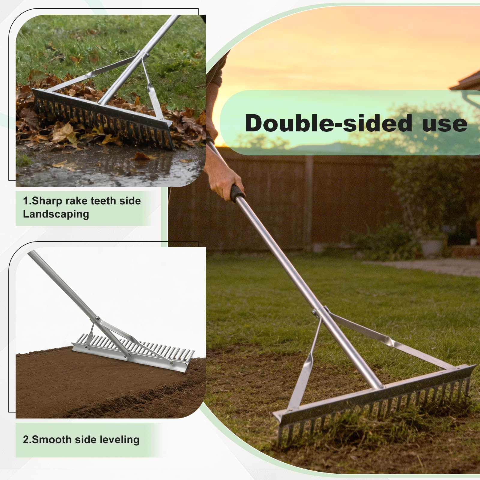 EFUTURETIME 61cm Rechen, Harke Garten mit 170cm Stiel, Gartenrechen Leicht aus Aluminium, Rasenrechen Landschaftsrechen Planierrechen, Gartenzubehör zum Lockern Boden und Nivellieren Rasen