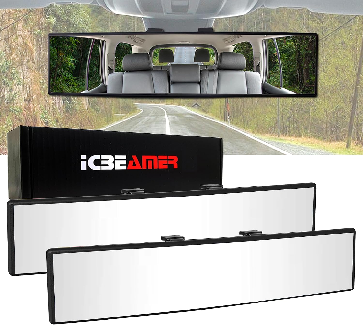 ICBEAMER 11.8" Rear View Mirror, Convex Clear Surface 300mm, Panoramic Wide Angle Blind Spot Eliminator, Universal Fit Car Truck SUV Accessories, Rubber Clip-On (Pack of 2)