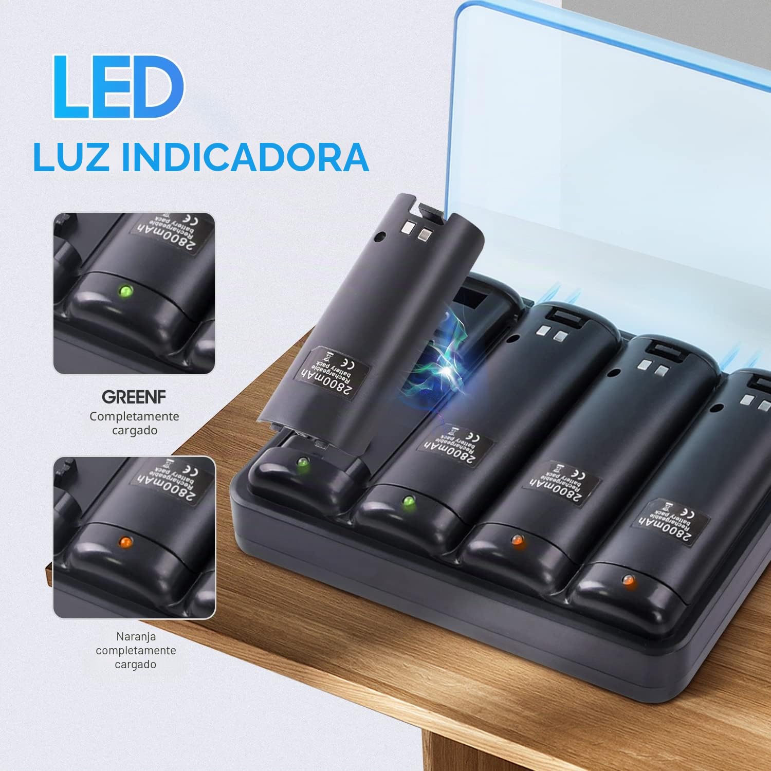 TechKen - Cargador para Mando de Wii con 4 baterías Recargables, Cargador Wiimote para Wii y Soporte de Carga de Wii con 4 Pilas de 2800 mAh para Mando a Distancia de Wii