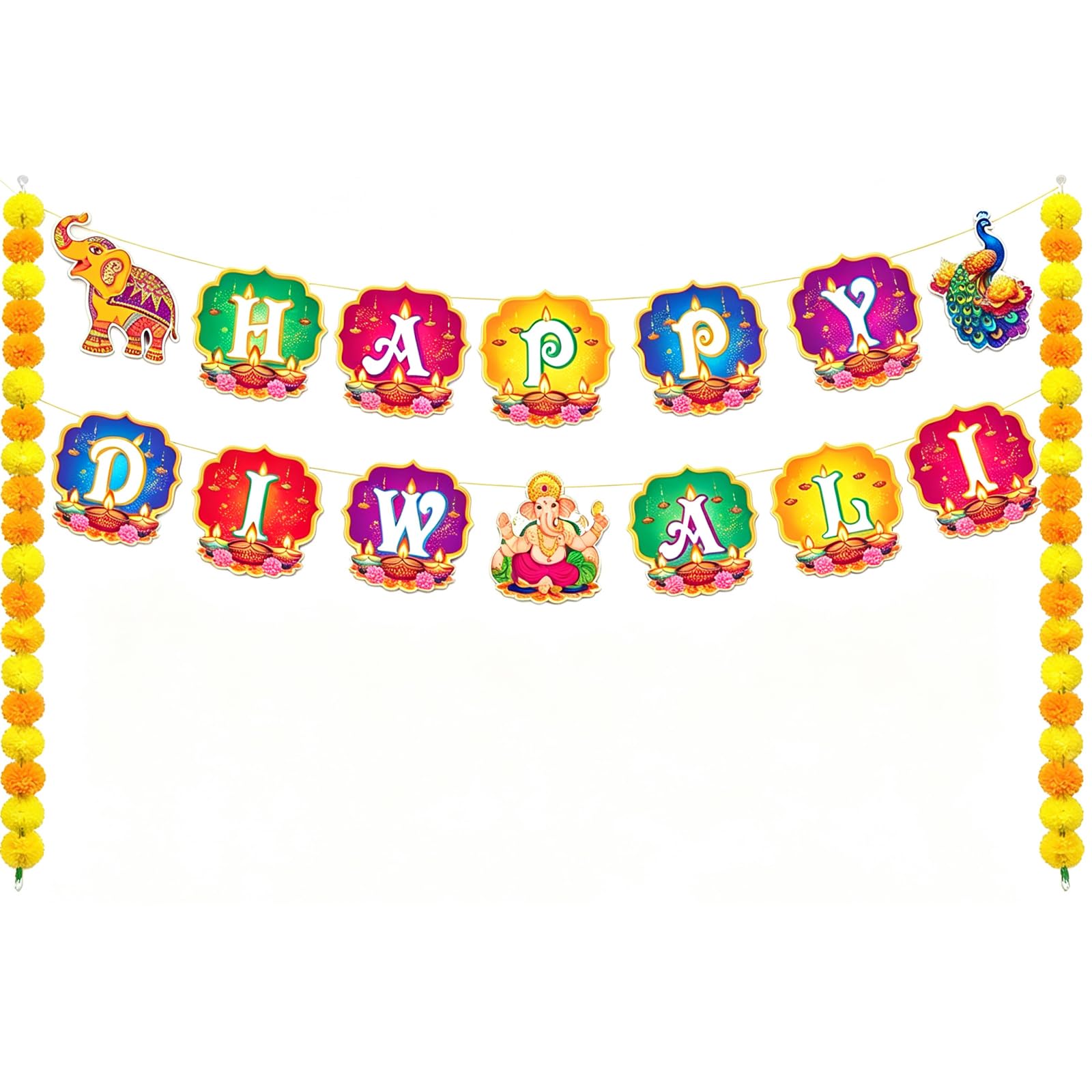 3 PCS Diwali Decorations Set, 2 Marigold Garlands and Bunting Banner