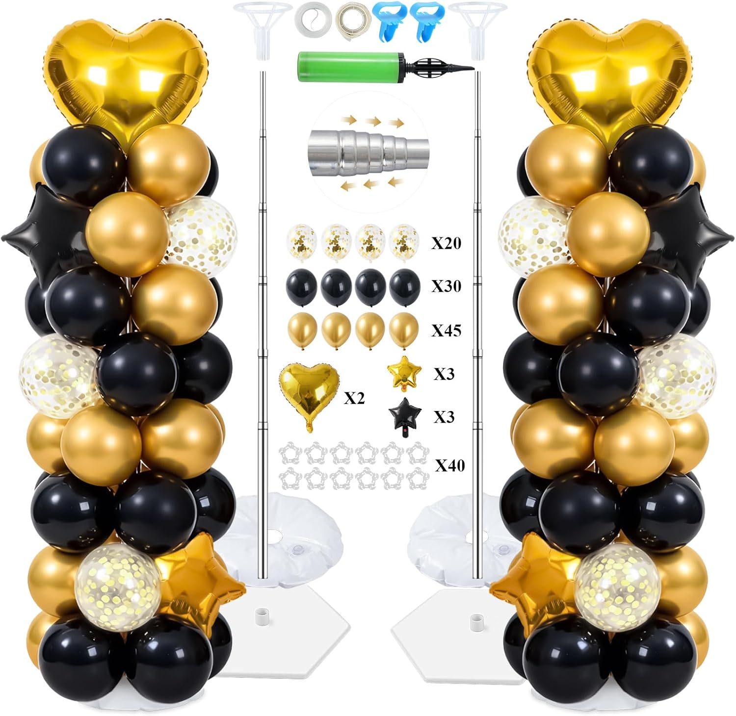 2 Sets 7FT Balloon Column Stand Kit with 103PCS Balloons – Adjustable Metal Balloon Tower with Weighted Base & Water Bags (Avocado Green & Gold)