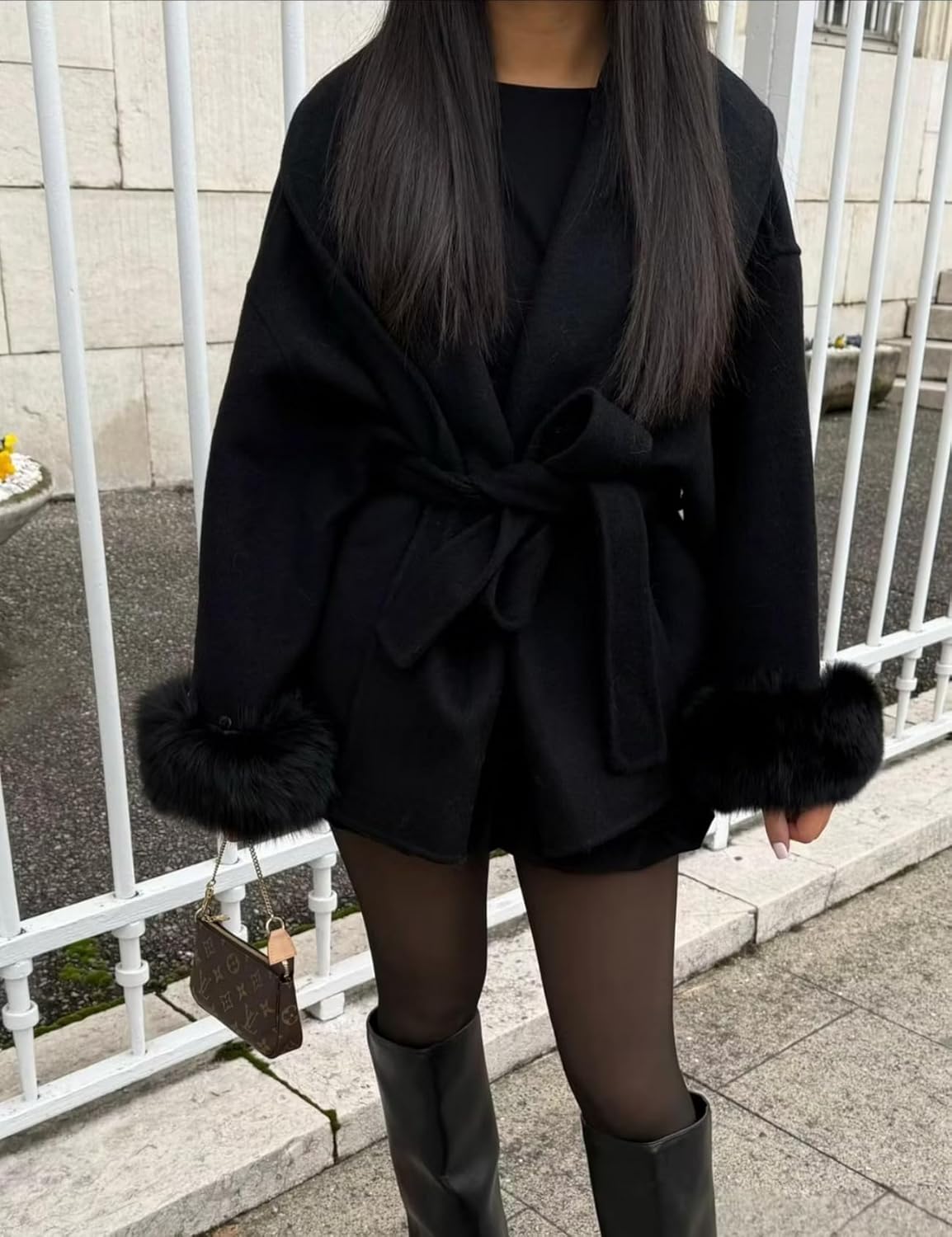 Perbai Womens Wool Blend Peacoat Wrap Trench Jacket Lapel Fur Sleeve Open Front Belted Overcoat