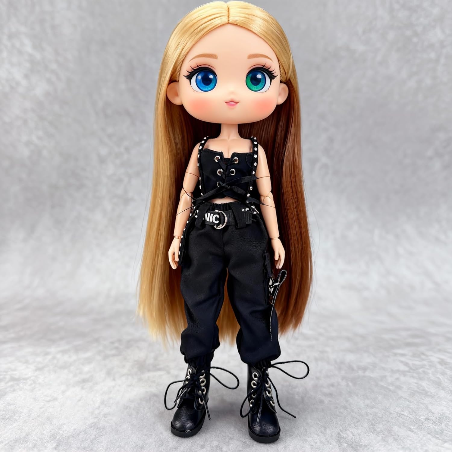 Maidscp 30cm BJD Doll Clothes Set - Edgy Black Crop Top, Cargo Pants & Boots, Doll Outfit Accessories