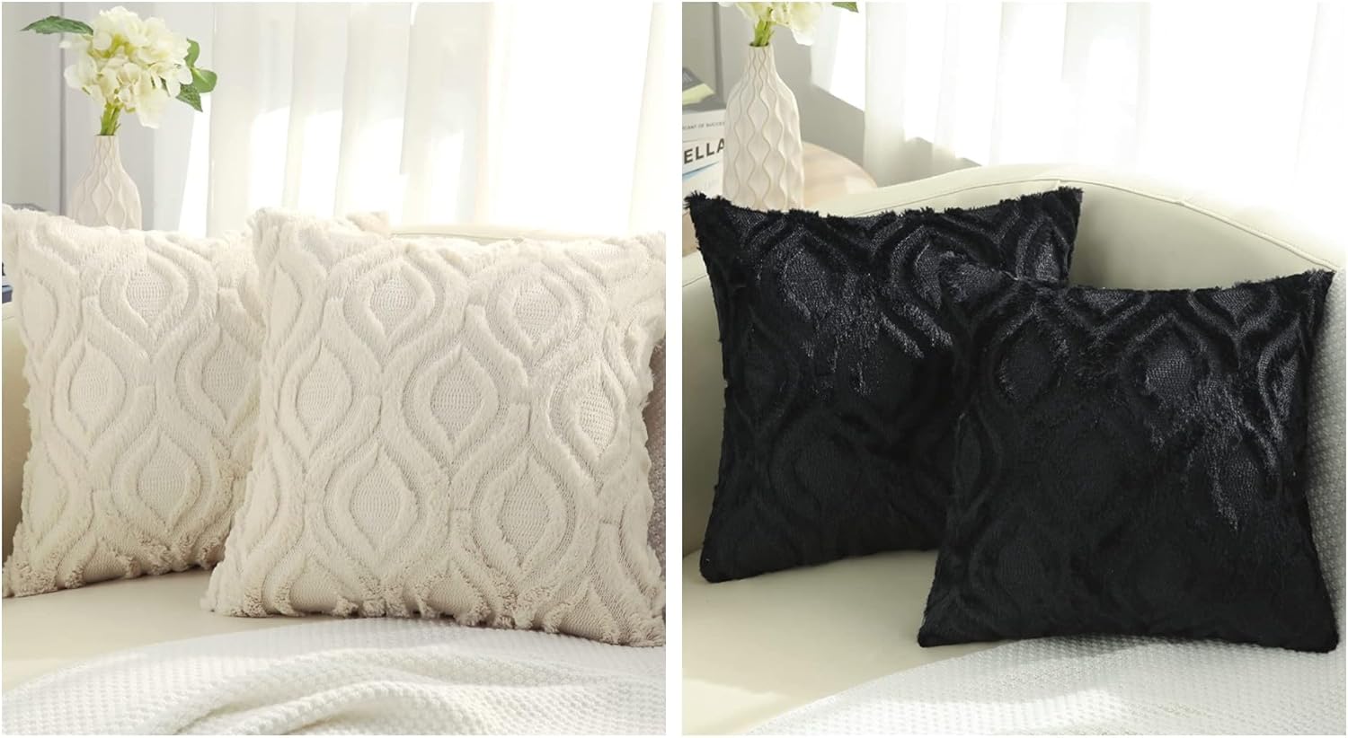 decorUhome Decorative Throw Pillow Covers 18x18+12x20, Soft Plush Faux Wool Couch Pillow Covers Set of 4, Beige & Black