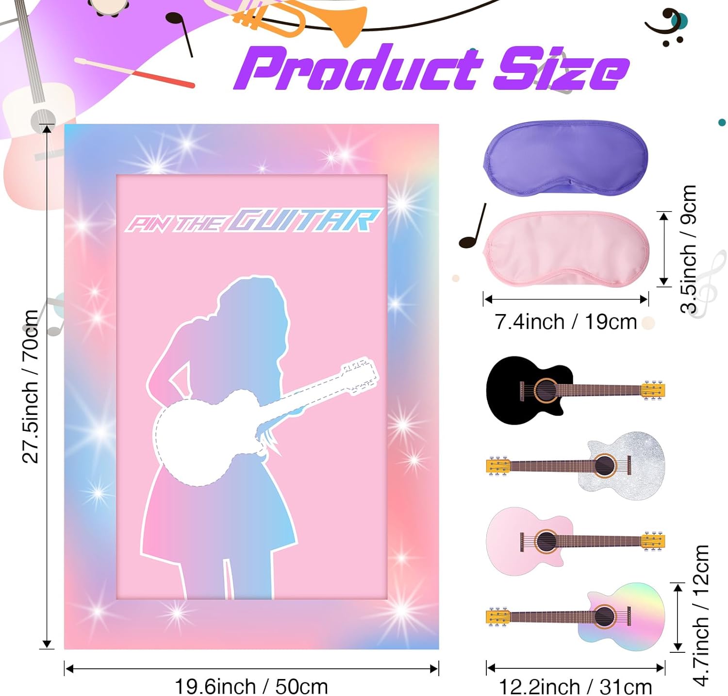 Lidmada Pin The Guitar Game Poster, Large Pink Music Party Game with 24 Reusable Guitar Stickers, 3+