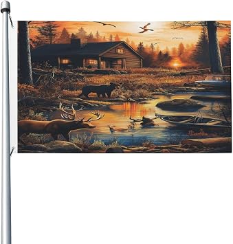 Sunset Log Cabin Wildlife River Scene 3x5FT Double Sided Full Print Flag Premium Polyester, Quick-Dry, Easy Install for Outdoor/Indoor Decor
