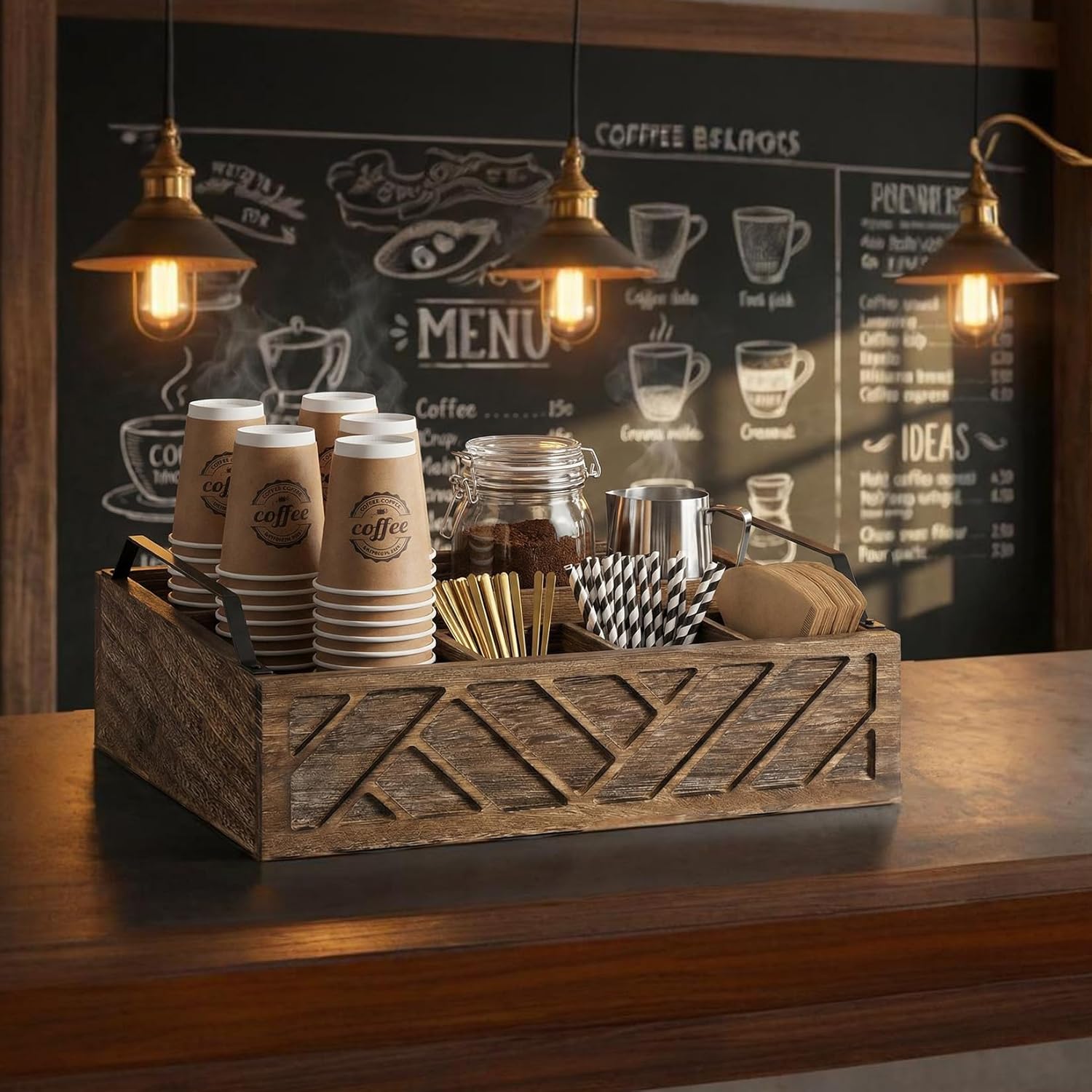 Portable 6-Compartment Kitchen Paper Plate Dispenser & Utensil Holder with Handles, Farmhouse Style Wooden Organizer for Disposable Plates, Forks, Knives, Spoons, Napkins, Cups & Straws, Countertop St