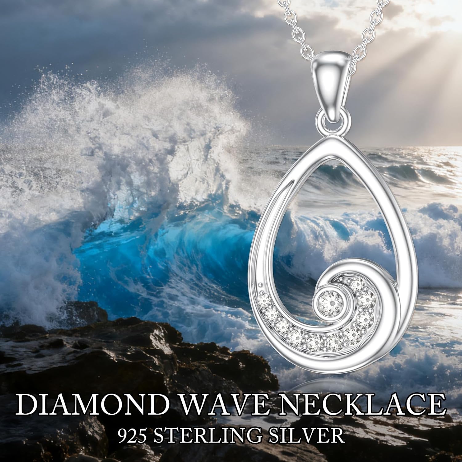 Diamond Ocean Wave Necklace for Women 925 Sterling Silver Teardrop Pendant Necklace with Lab Grown Diamond Summer Beach Jewelry Gifts - Image 7