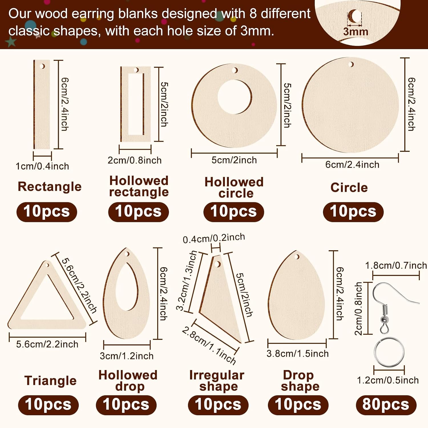 280 Pcs Unfinished Wooden Earrings Blanks Teardrop/Circle/Triangle/Rectangle Shapes Wood Charms Earrings Pendants with 100 Pieces Hooks & 100 Pieces Rings image 2