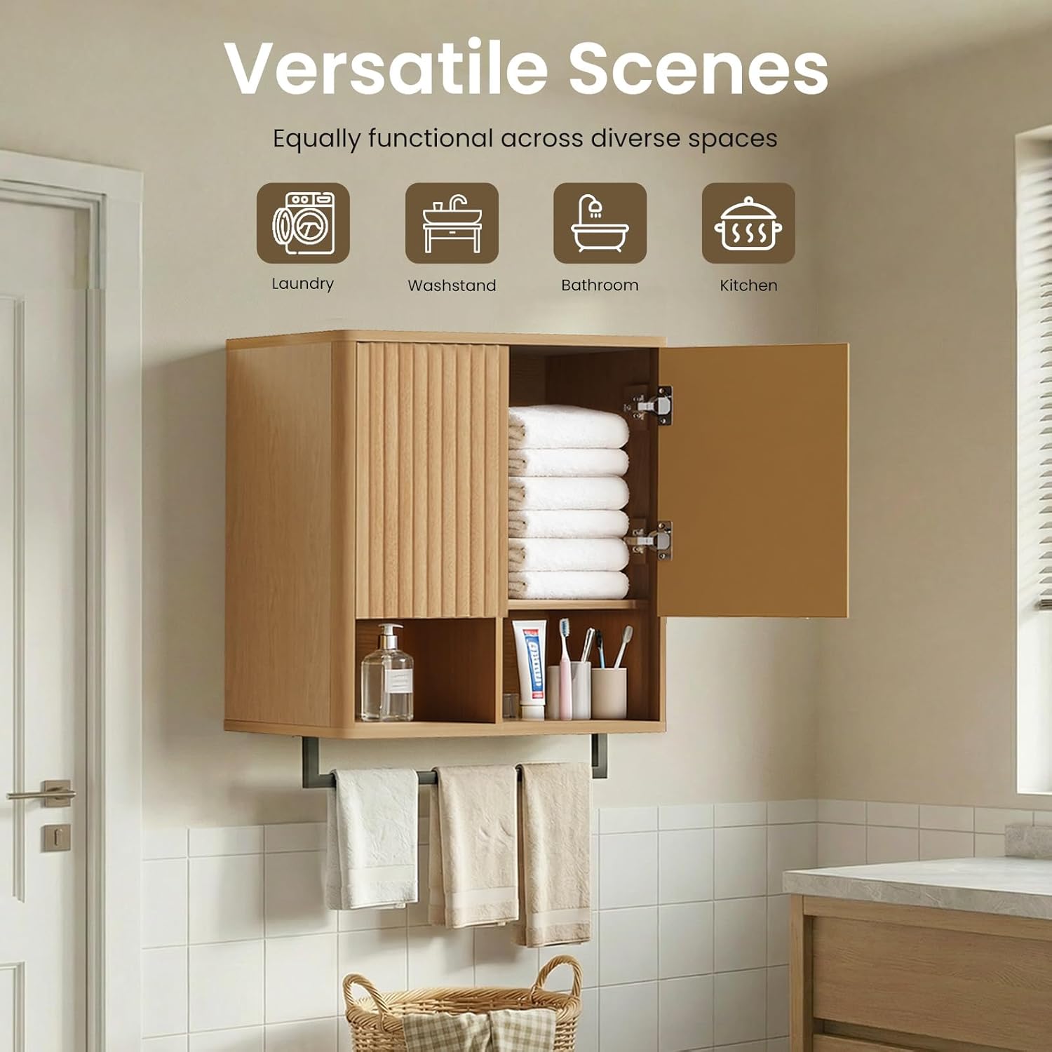 Bathroom Wall Storage Cabinet, Over The Toilet Medicine Cabinet, Hidden Storage & Open Shelves, Small 2-Door Multi-Functional Bathroom Organizer with Towel Bar for Bathroom & Kitchen (Wood)