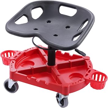 Rolling Garage Stool, 300LBS Capacity Work Seat 20-25inch Height Adjustable Mechanics Stool with Wheels Large Tool Tray with Two Bottle Holder Garage Pneumatic Stool for Workshop Garage