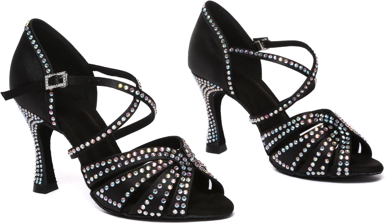 Womens Low High Heel Dance Shoes with Rhinestones Comfortable Wedding Evening Sandals