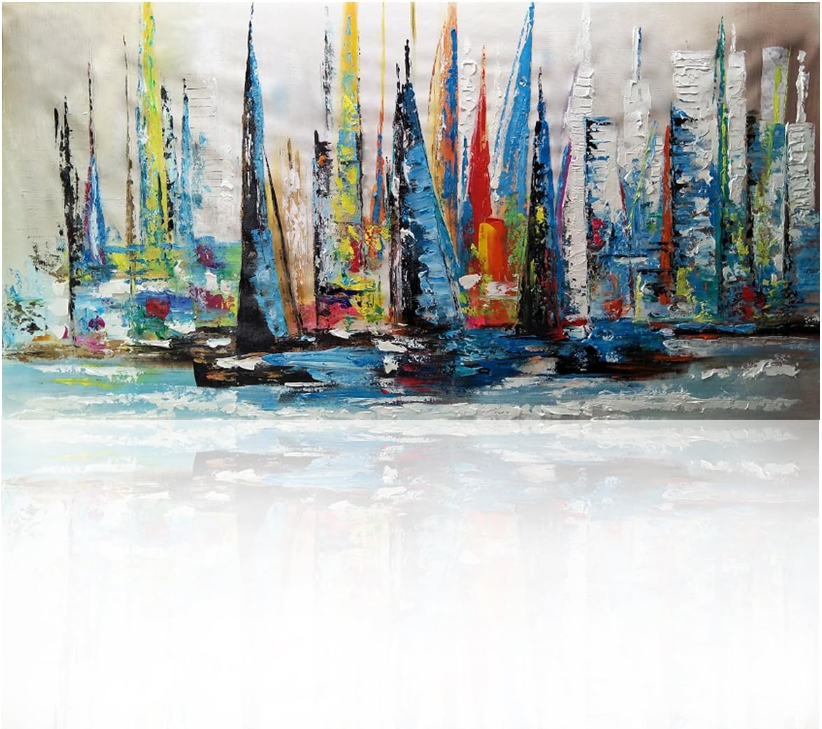 KGTECH Palette Knife Textured Sailboat Artwork Abstract Canvas Acrylic Paintings Sailing Ships Arts Wall Decor No Wood Stretcher/Frame 24H by 48 inch