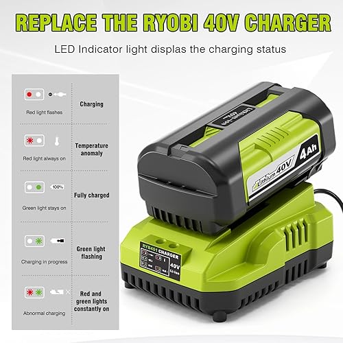 Miniatura 7 de Amityke Batería y cargador de 4000 mAh y 40 V compatibles con batería Ryobi de 40 voltios de repuesto para batería Ryobi de 40 V