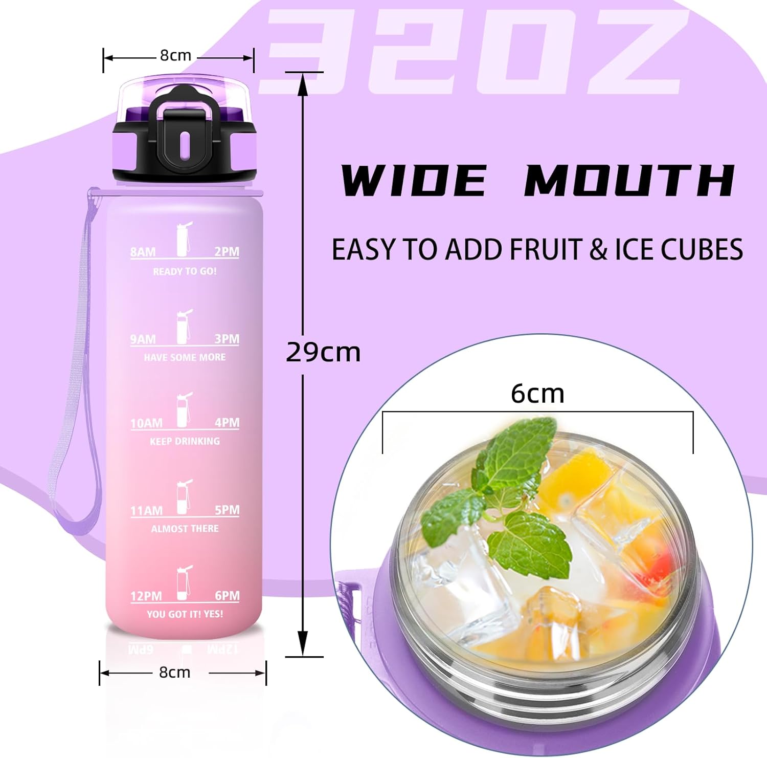 Sports Water Bottle, 1 Litre, Water Bottle with Straw, Easy to Clean, Leak-Proof Water Bottle, with Motivational Slogan, Bottle with Time Marking, for School, Yoga, Camping, Office