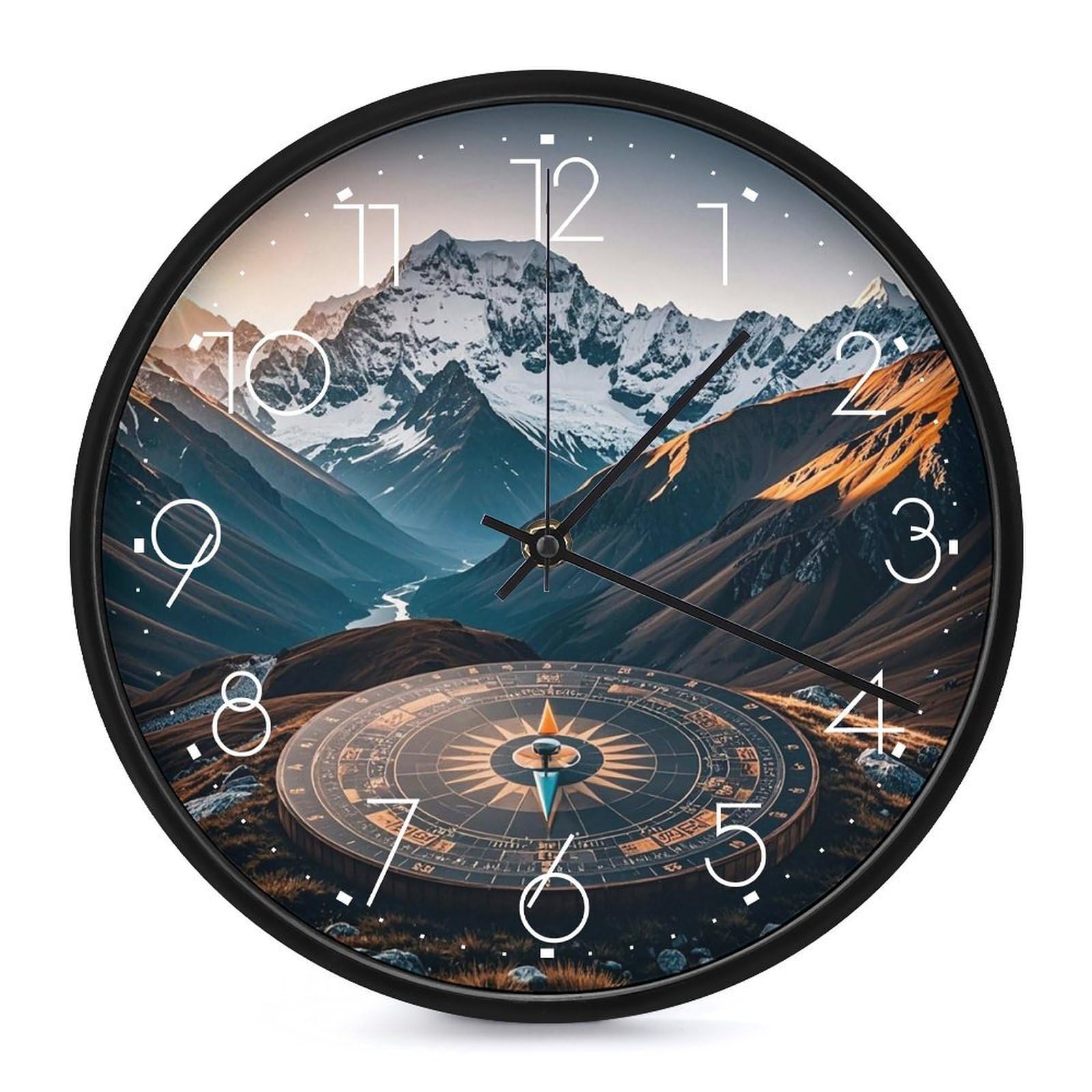 Horloge murale boussole de montagne silencieuse de 25,4 cm pour retrouver le sommeil au bureau