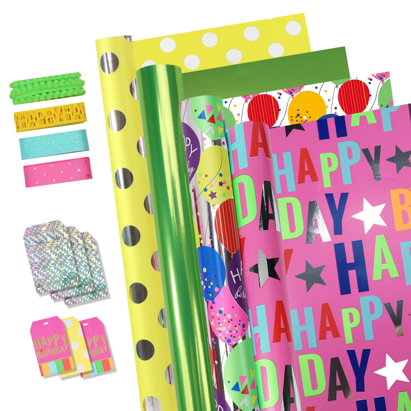 BIOBROWN Birthday Wrapping Paper Roll Set - Gift Wrap Bundle 4 Rolls-5 square meters with Neon Green and Balloons Design Wrapping Paper, Ribbons and Tags, for Party Christmas
