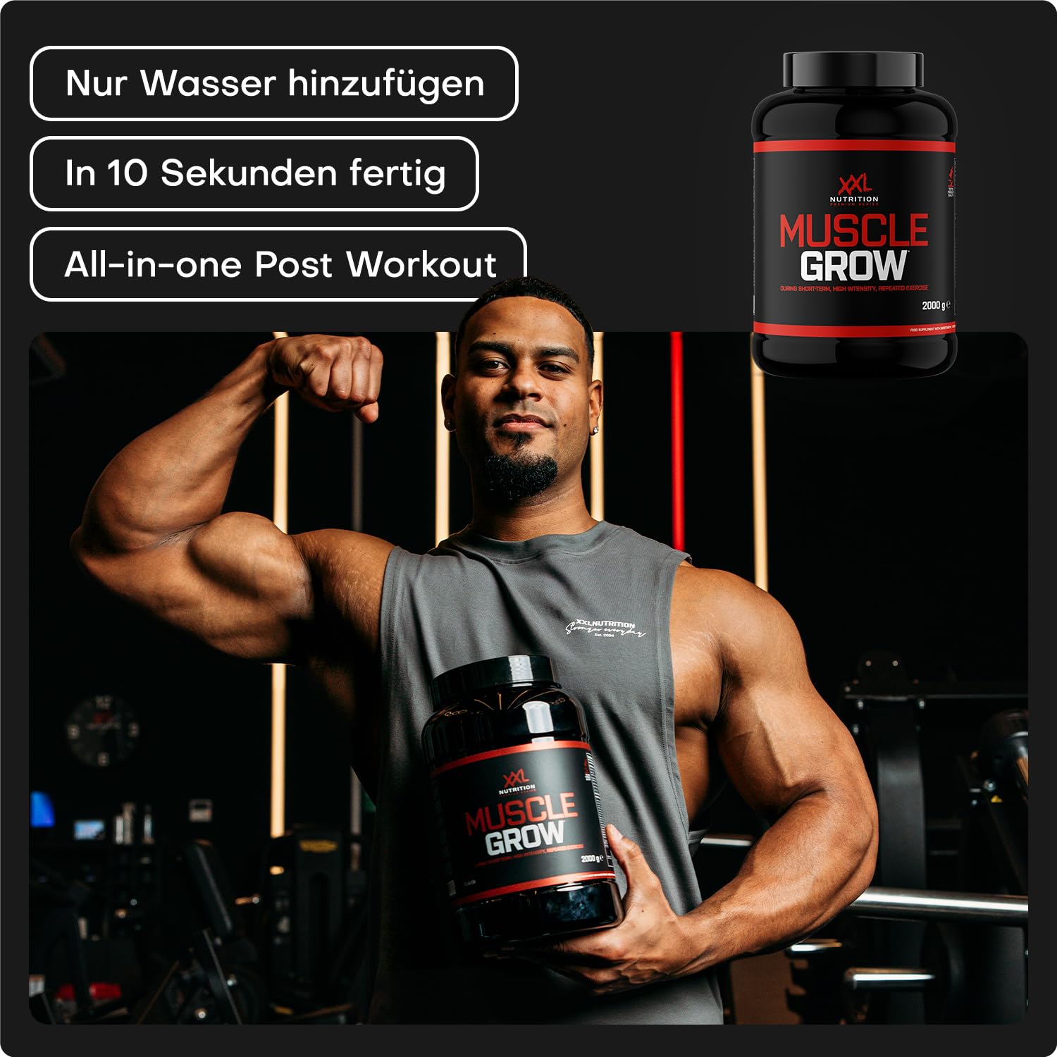 XXL Nutrition - Muscle Grow - All-in-One Supplement, Creatin, Protein, Vitamine & Mineralstoffe, Aminosäuren (BCAA), Kohlenhydrate, Kreatin, L-Glutamin und Taurin - Kirsche - 2000 Gramm