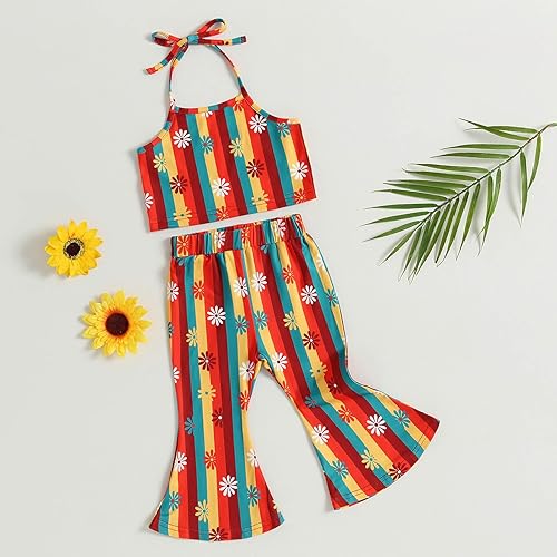 Miniatura 2 de TheFound Traje de verano para bebé niña pequeña, parte superior con cuello halter, pantalones acampanados, 2 piezas, ropa para recién nacidos