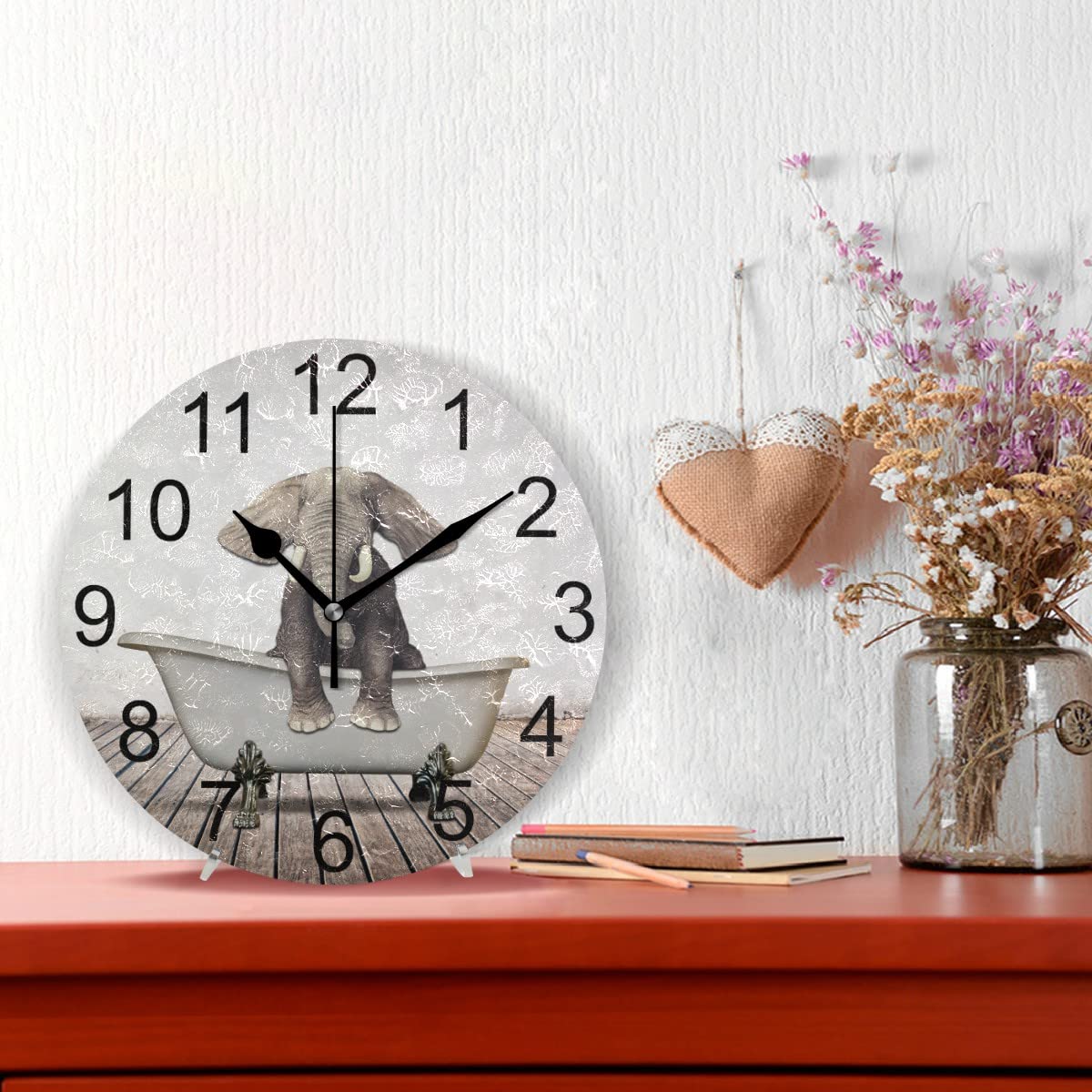 J JOYSAY Bathroom Wall Clock Silent Non Ticking Wall Clock Decorative Battery Operated Rustic Bathtub Elephant Clock for Bathroom Home Office Bedroom Kitchen Art Clock, 9.8 Inch