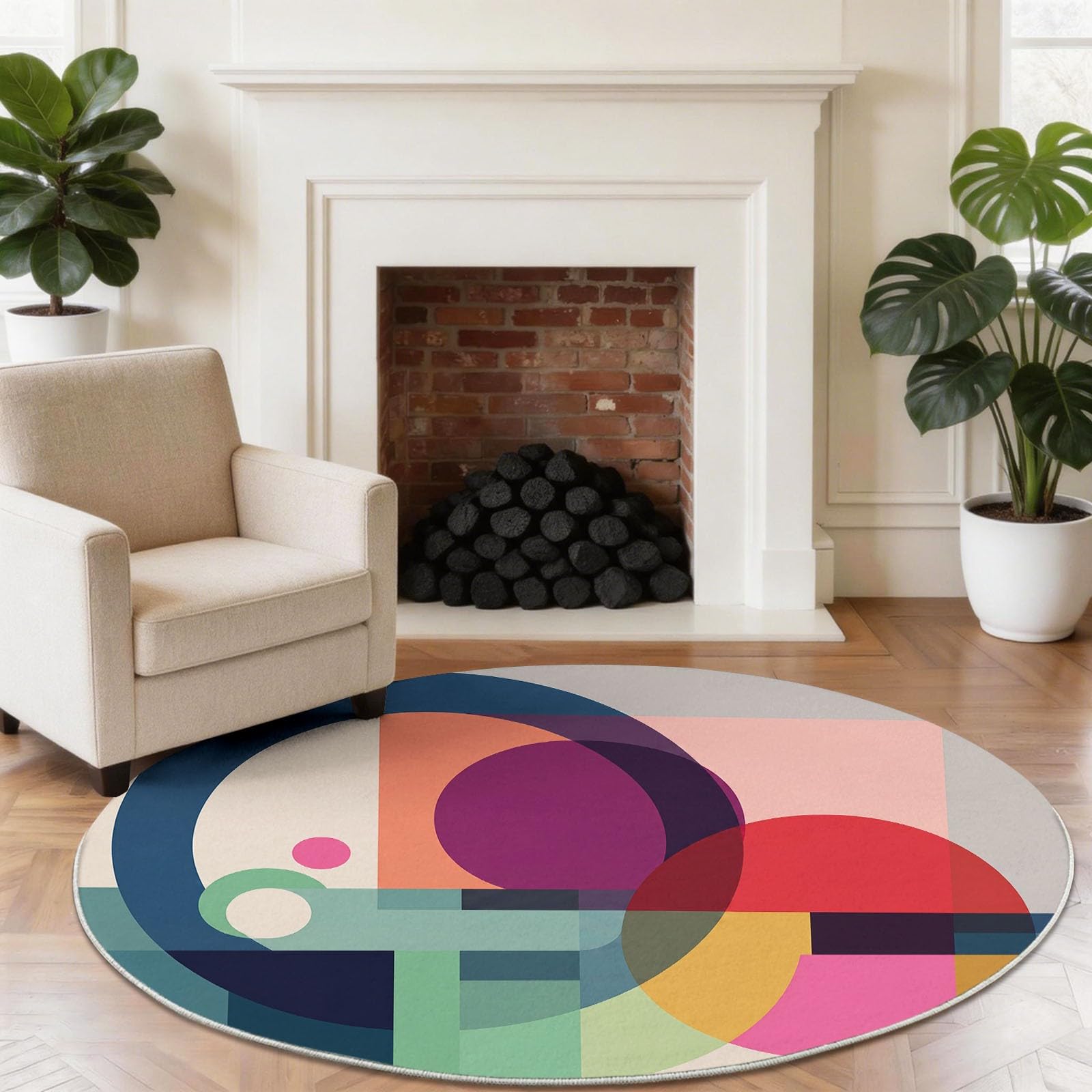 Tappeto rotondo colorato, 90 cm, morbido, a pelo corto, geometrico, astratto, lavabile, antiscivolo, minimalista, vintage, per soggiorno, cucina, camera da letto, cameretta dei bambini, sala da pranzo