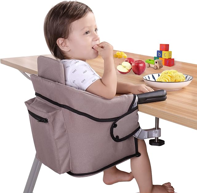 Hook On High Chair, Clip On Baby Chair, Fold-Flat Storage & Tight Fixing Portable Feeding Seat with Foldable Backrest, High Load Design, Attach to Fast Table Chair for Home & Travel (Brown)
